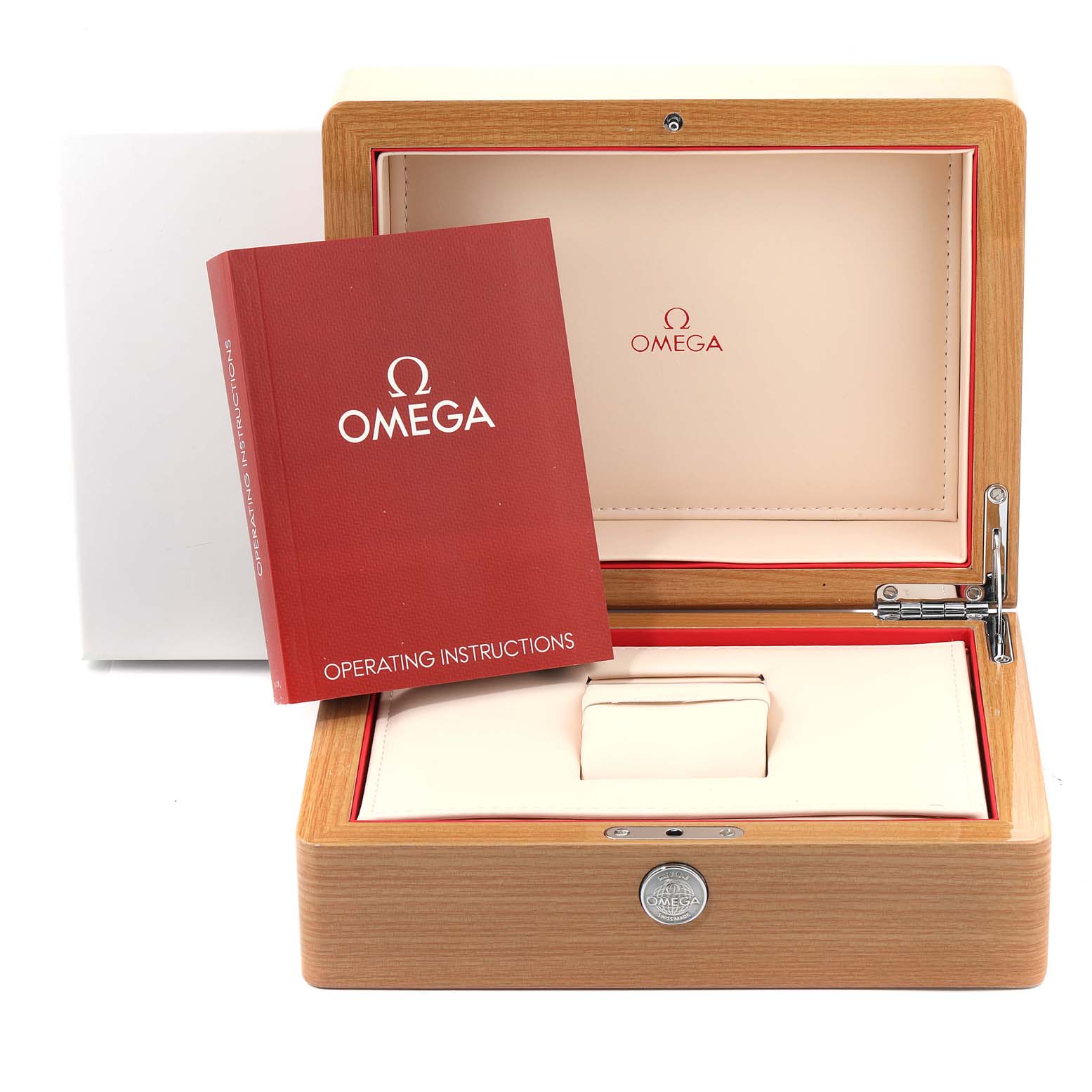 The image shows an Omega Planet Ocean 232.30.44.22.03.001 Men's Stainless Steel Blue Dial 232.30.44.22.03.001 Men's Stainless Steel Blue Dial watch box and operating instructions booklet from a frontal angle.