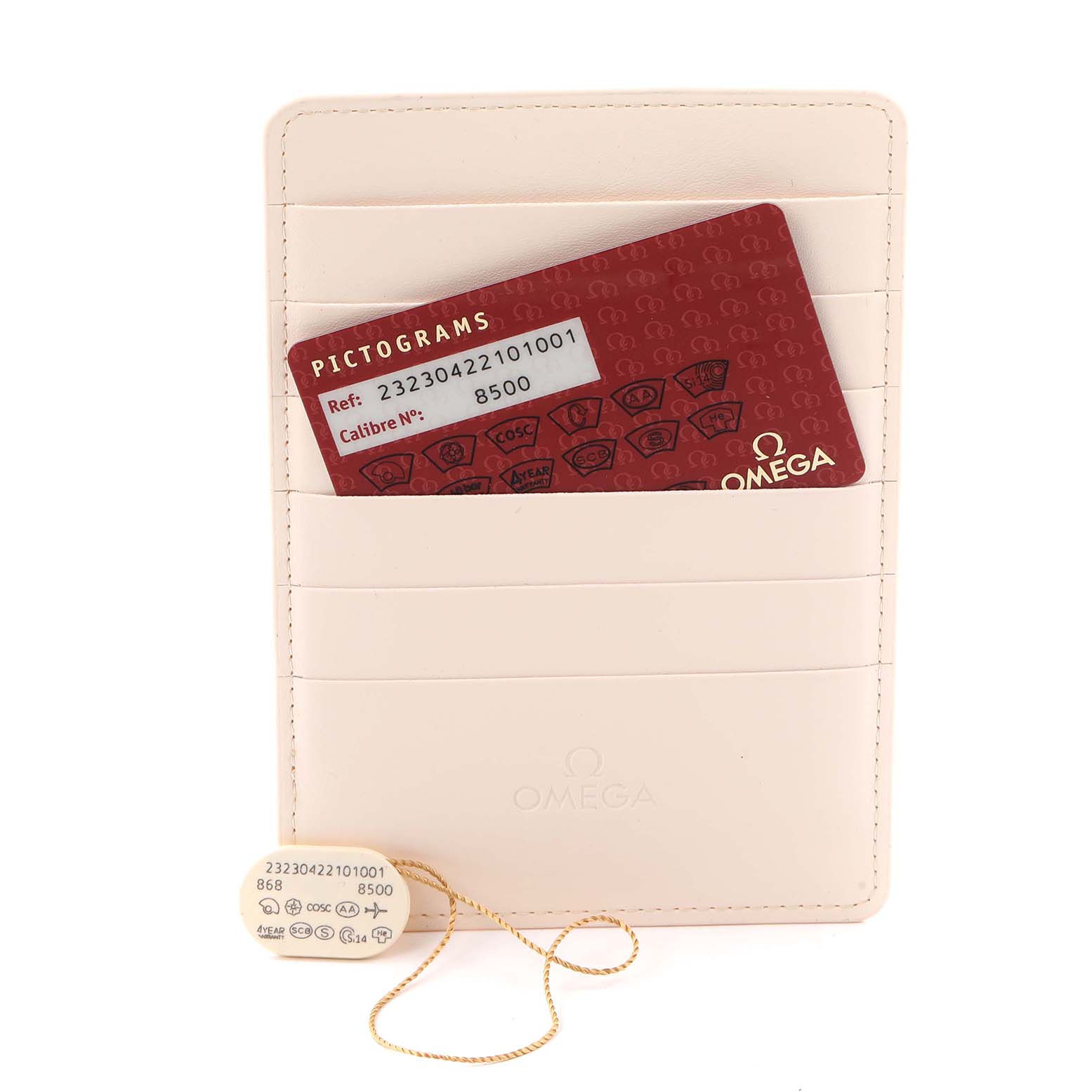 The image shows a cardholder and hangtag for the Omega Planet Ocean 232.30.42.21.01.001 Men
s Stainless Steel Black Dial model, displaying reference and caliber numbers.