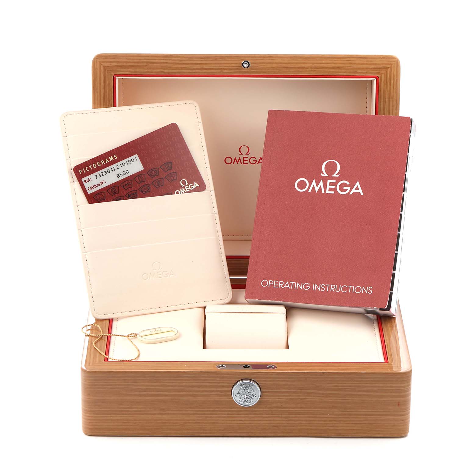 The image shows the Omega Planet Ocean 232.30.42.21.01.001 Men
s Stainless Steel Black Dial watch box, instruction manual, and warranty card holder.