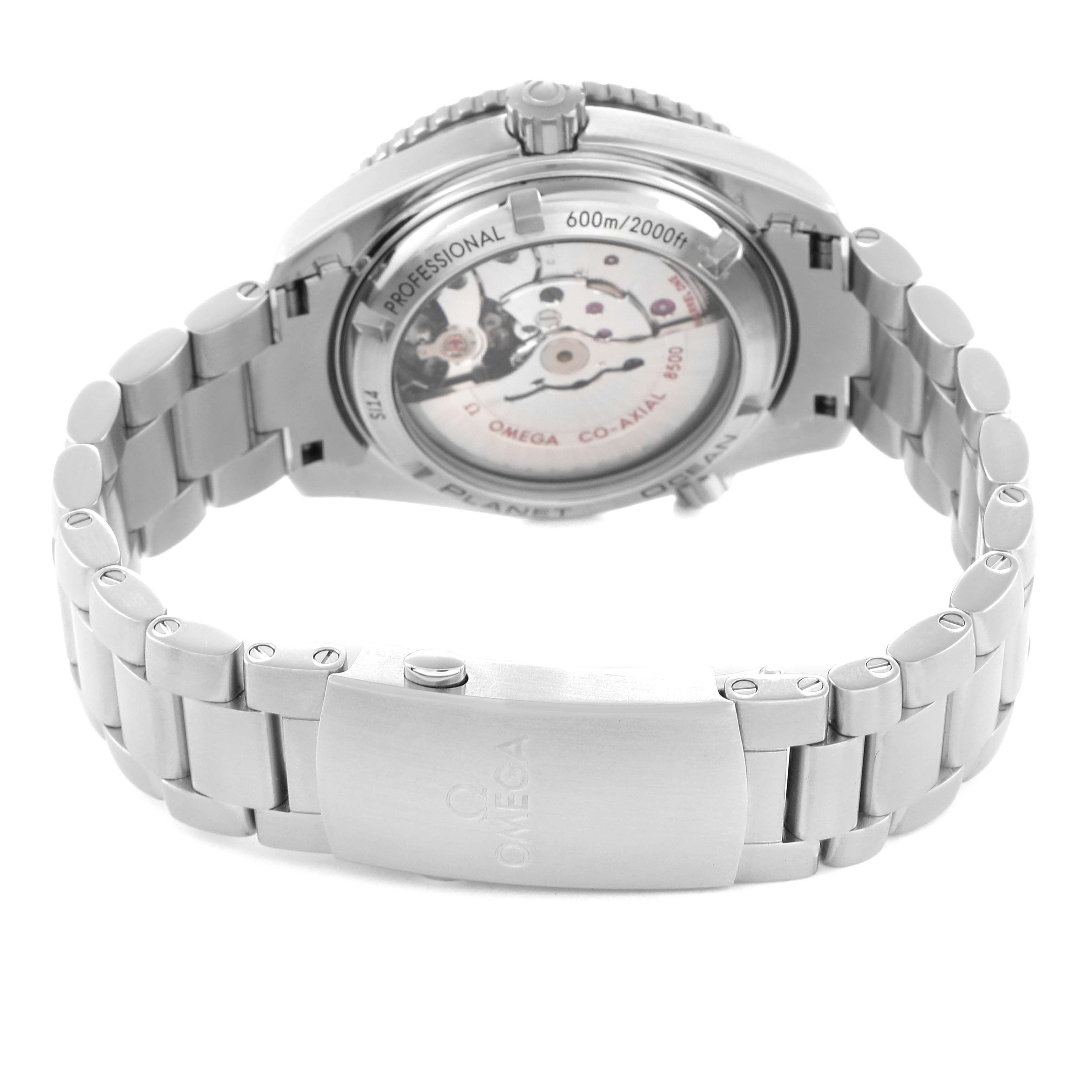 The image shows the back and bracelet of an Omega Planet Ocean 232.30.42.21.01.001 Men
s Stainless Steel Black Dial watch, highlighting the movement and clasp.