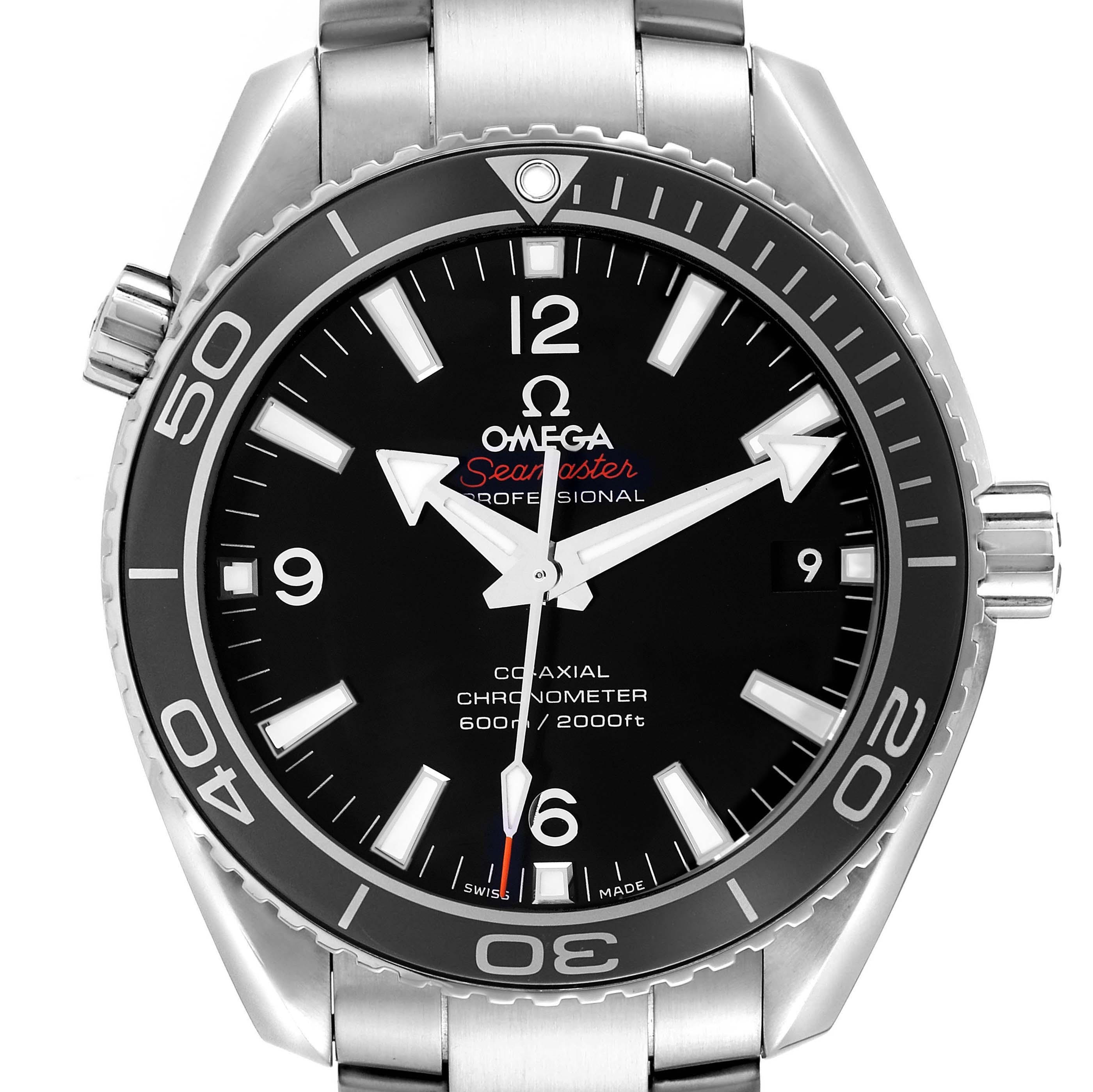 The Omega Planet Ocean 232.30.42.21.01.001 Men
s Stainless Steel Black Dial watch is shown from a front angle, featuring its bezel, dial, and crown.