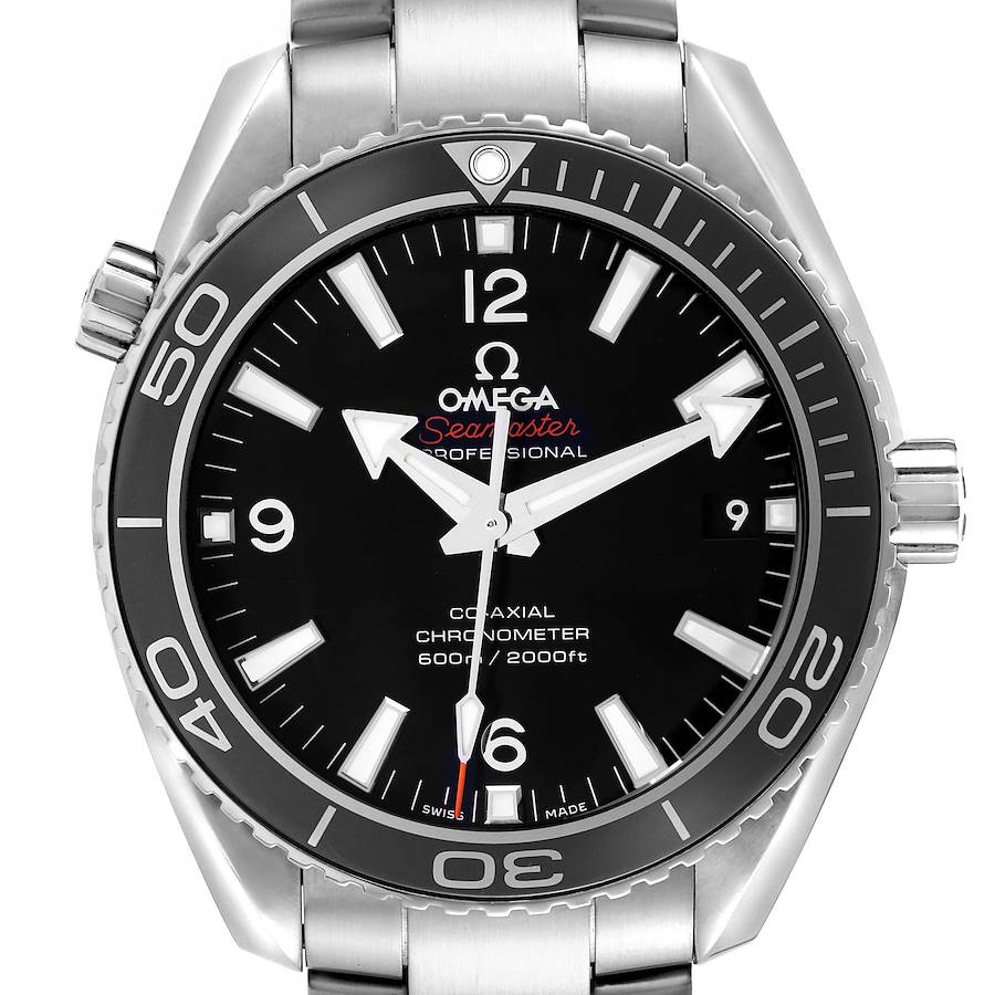 The Omega Planet Ocean 232.30.42.21.01.001 Men's Stainless Steel Black Dial watch is shown from a front angle, featuring its bezel, dial, and crown.