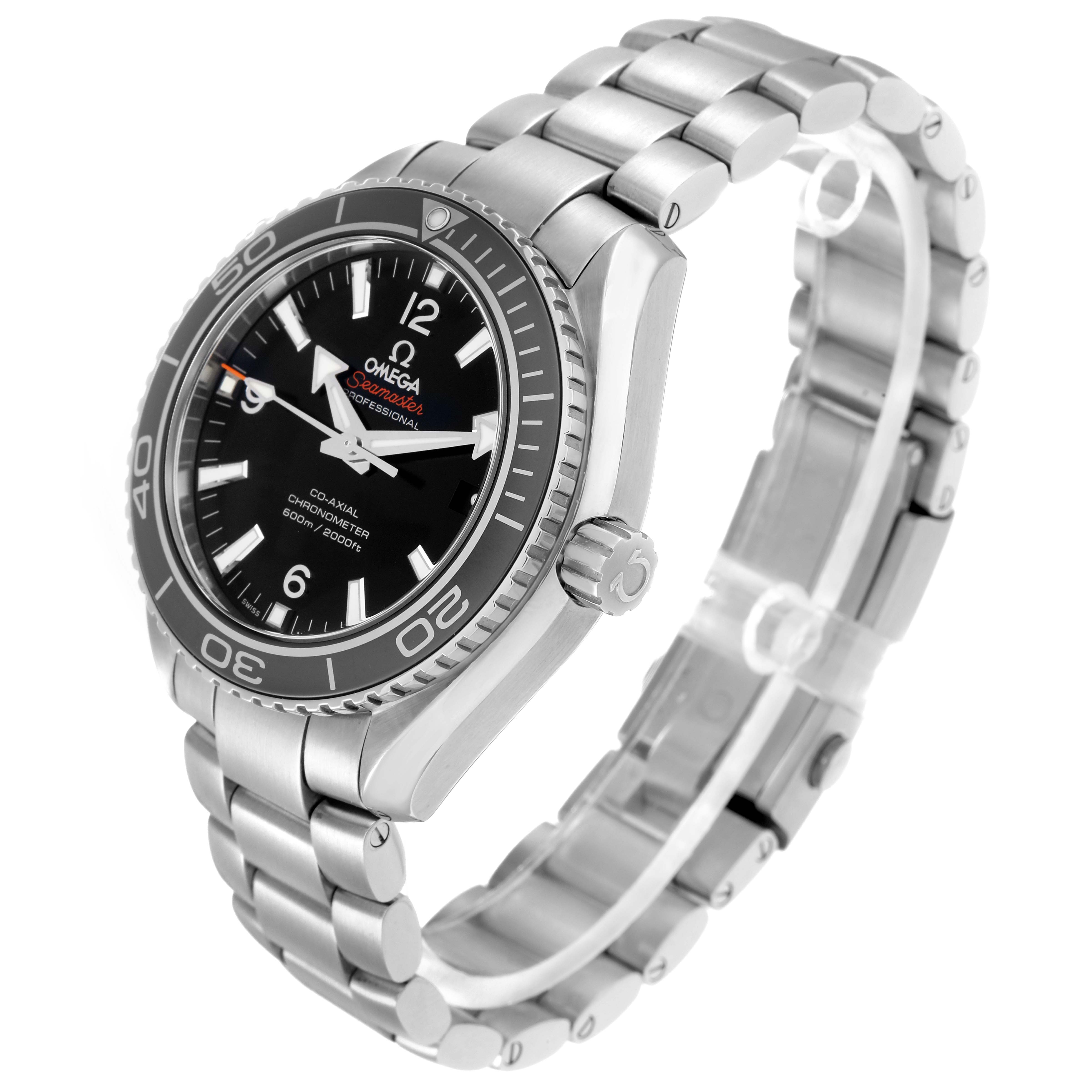 The Omega Planet Ocean 232.30.42.21.01.001 Men
s Stainless Steel Black Dial watch is shown at an oblique angle highlighting the face, bezel, crown, and stainless steel bracelet.