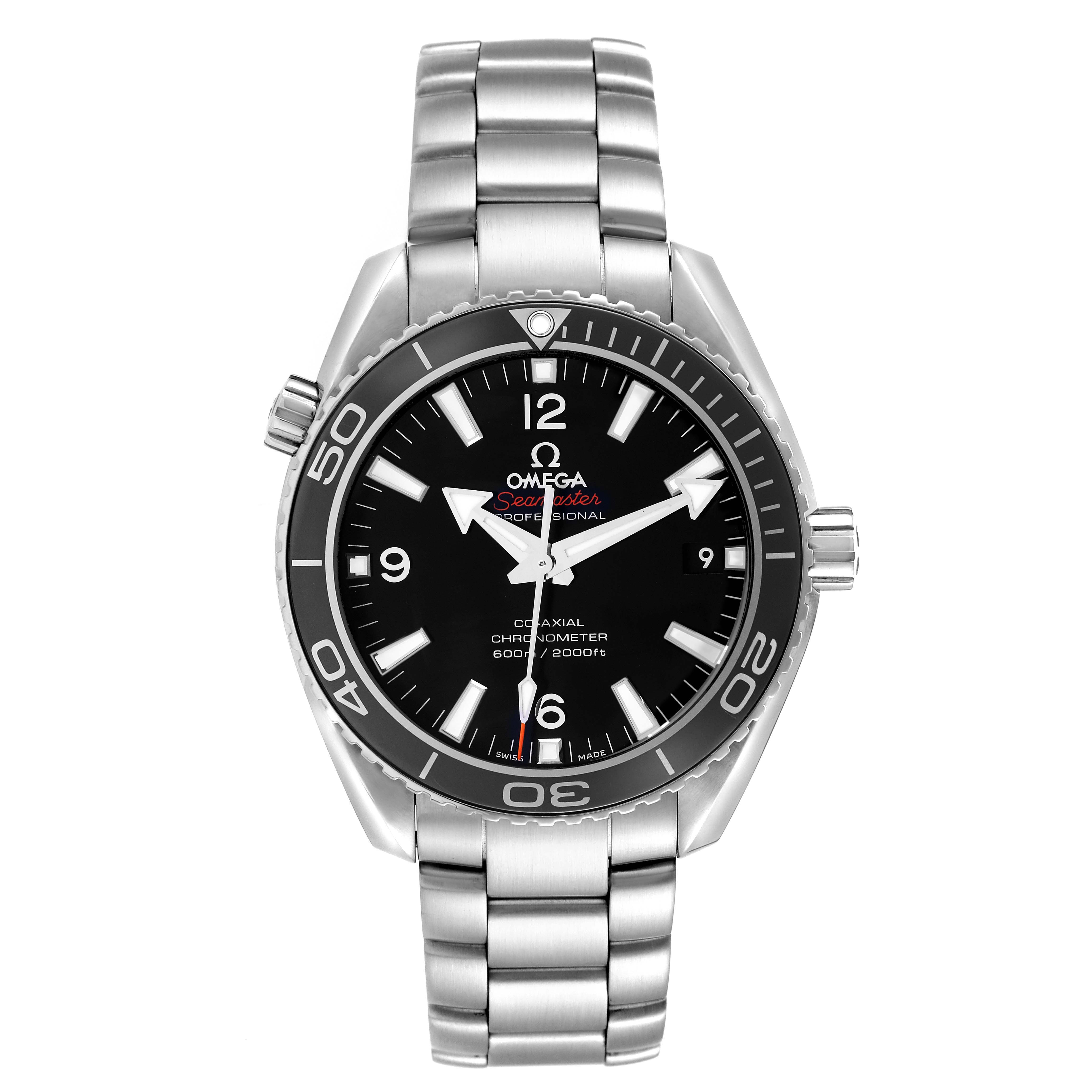 The Omega Planet Ocean 232.30.42.21.01.001 Men
s Stainless Steel Black Dial watch is shown from a front angle, displaying the dial, bezel, bracelet, and crown.