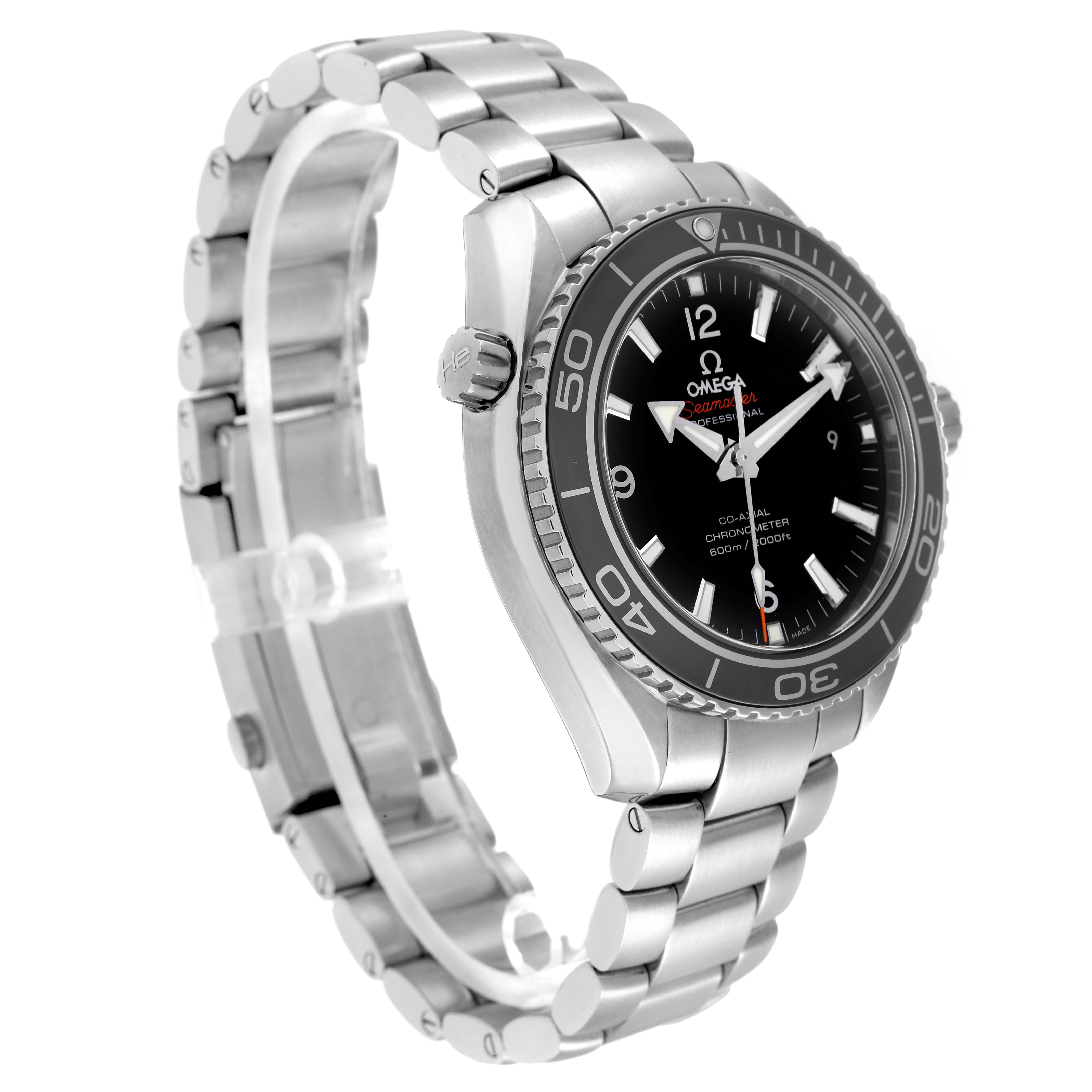 The Omega Planet Ocean 232.30.42.21.01.001 Men
s Stainless Steel Black Dial watch is shown at a three-quarter angle featuring its dial, bezel, case, crown, and bracelet.