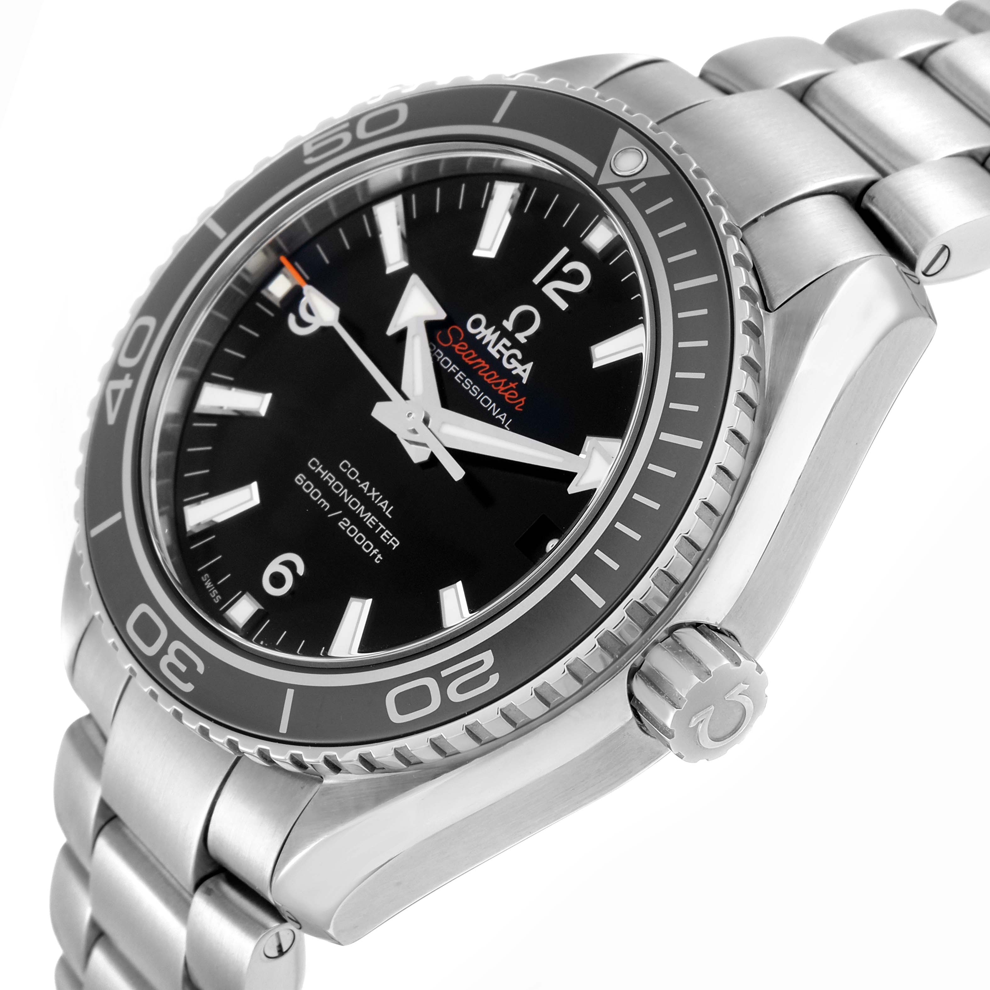 The Omega Planet Ocean 232.30.42.21.01.001 Men
s Stainless Steel Black Dial watch is shown from a front-side angle, highlighting the bezel, dial, hands, and crown on a metal bracelet.