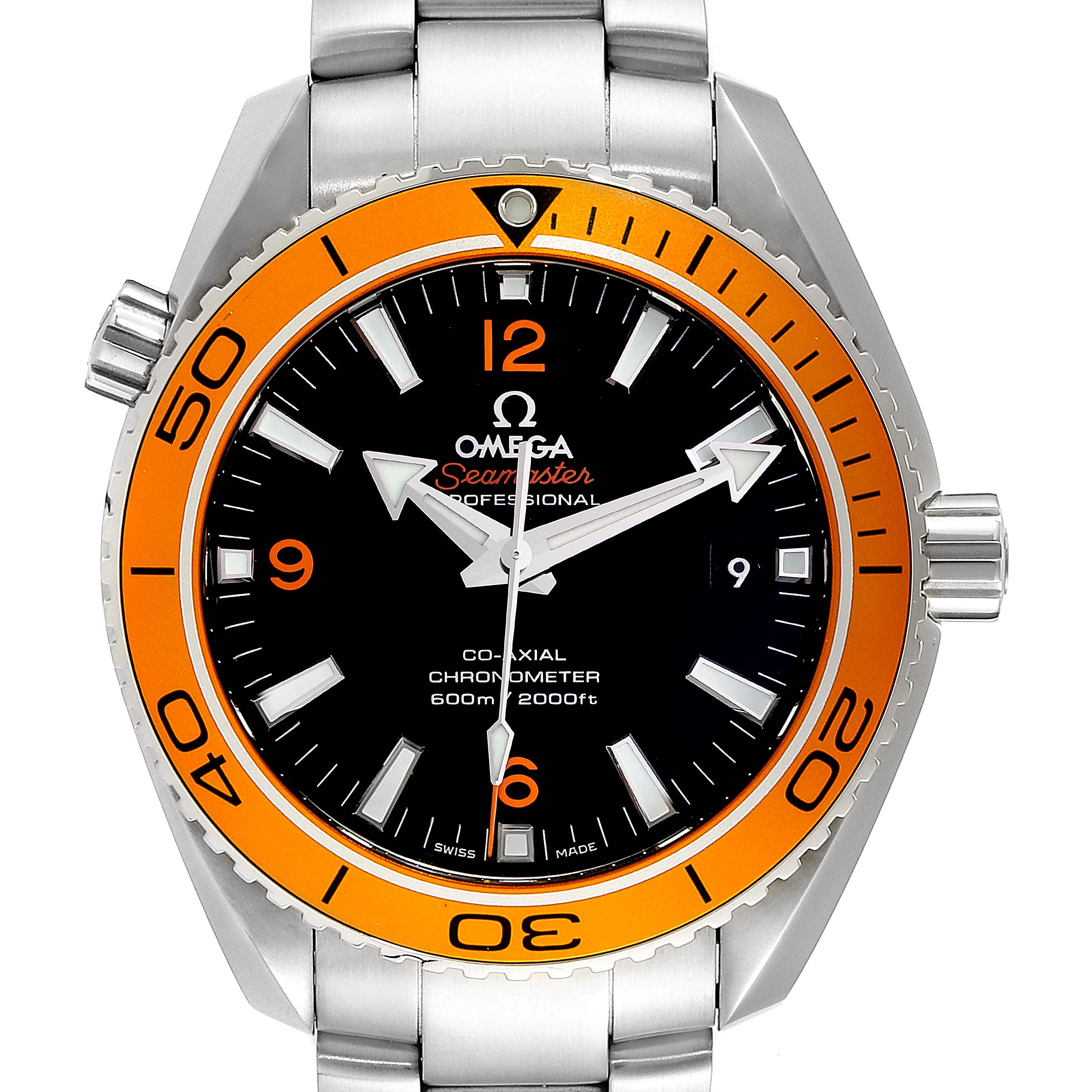 A front view of the Omega Seamaster Planet Ocean watch, showcasing the orange bezel, black dial, and stainless steel bracelet.