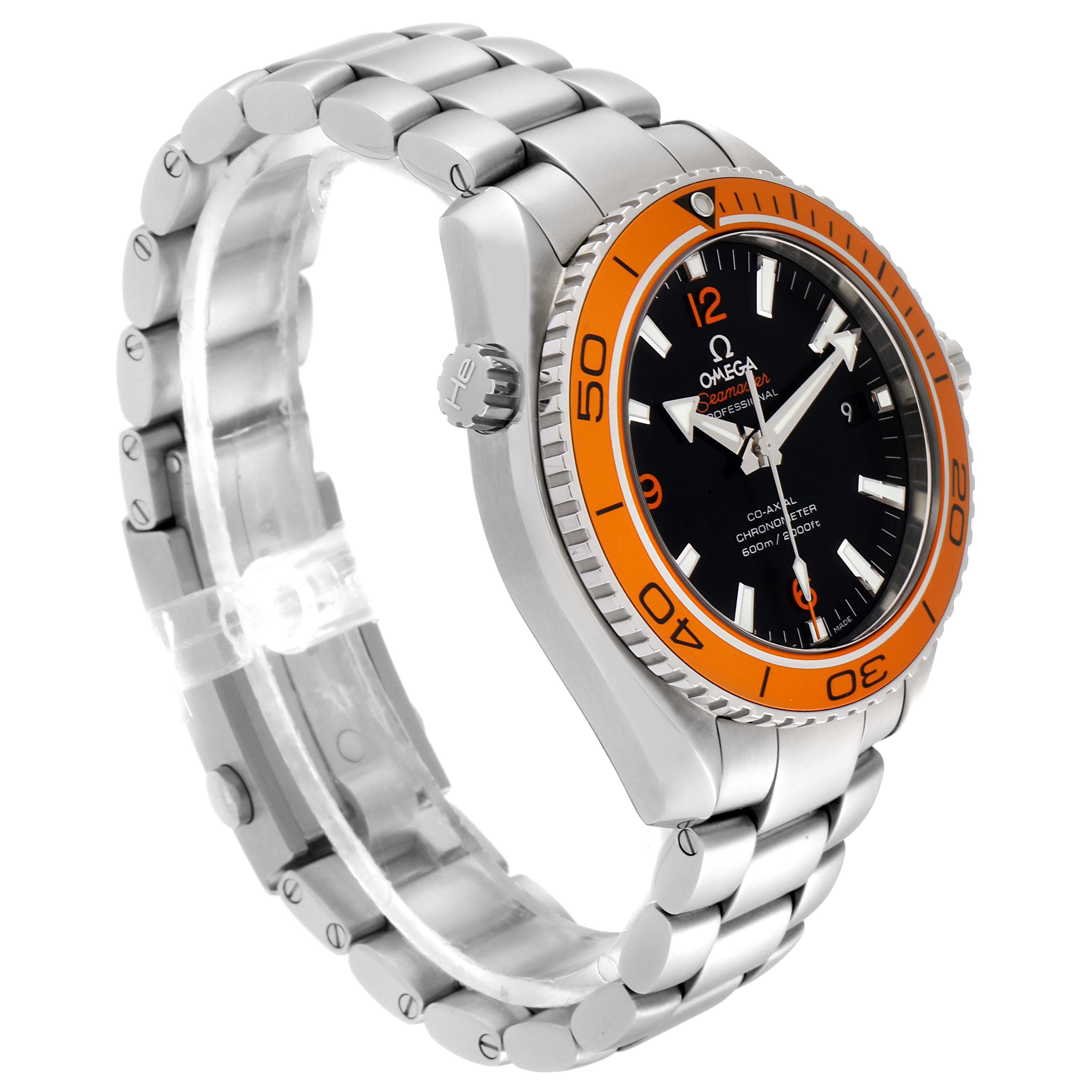 The Omega Planet Ocean 232.30.42.21.01.002 Men
s Stainless Steel Black Dial 232.30.42.21.01.002 Men
s Stainless Steel Black Dial watch is shown from a side-front angle, highlighting its orange bezel, black dial, and stainless steel bracelet.