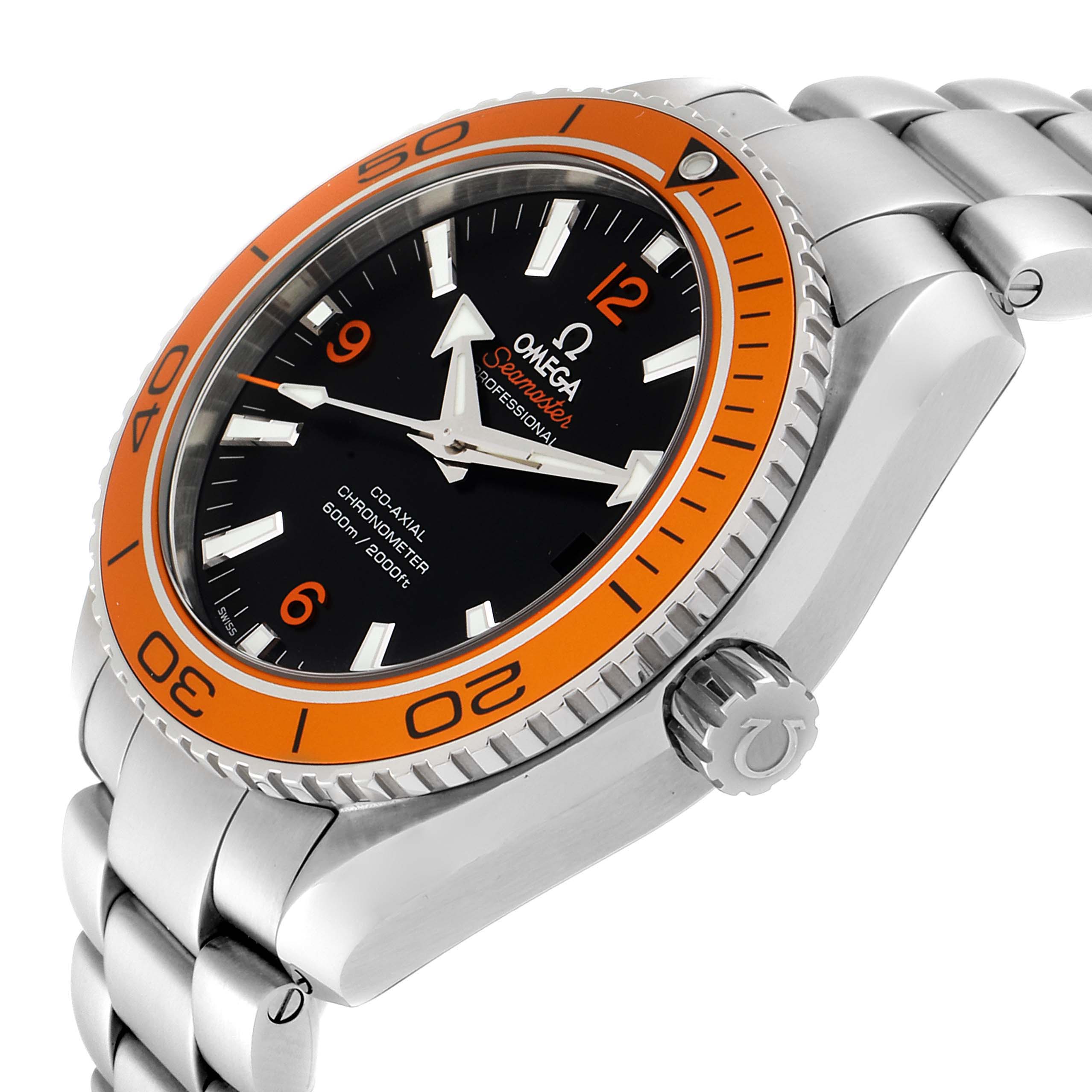 This image shows a side angle of the Omega Planet Ocean 232.30.42.21.01.002 Men
s Stainless Steel Black Dial 232.30.42.21.01.002 Men
s Stainless Steel Black Dial watch, highlighting the orange bezel, crown, and stainless steel strap.
