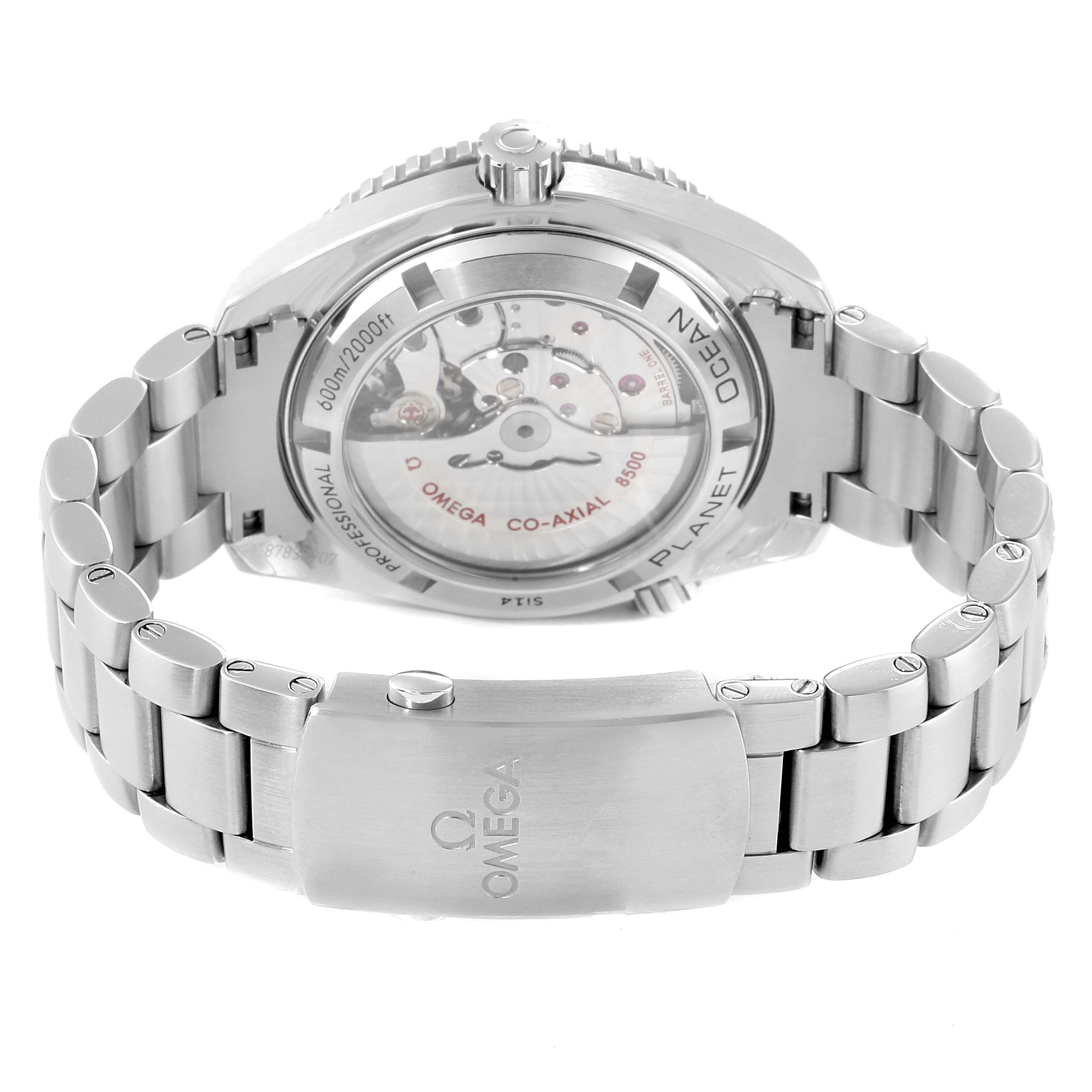 The Omega Planet Ocean 232.30.42.21.01.002 Men
s Stainless Steel Black Dial 232.30.42.21.01.002 Men
s Stainless Steel Black Dial watch is shown from the back, highlighting the transparent case back and stainless steel bracelet.