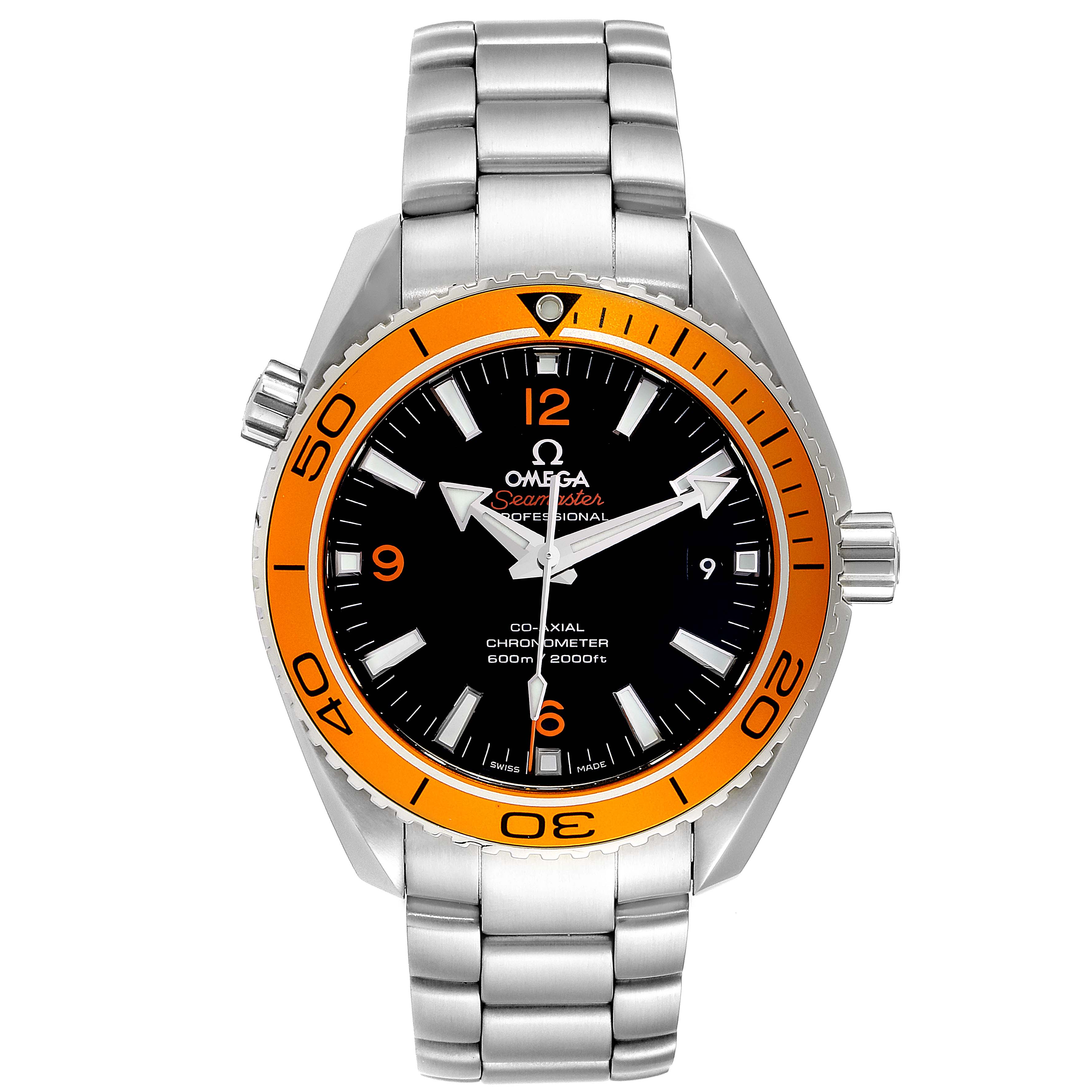 The image shows a front view of the Omega Planet Ocean 232.30.42.21.01.002 Men
s Stainless Steel Black Dial 232.30.42.21.01.002 Men
s Stainless Steel Black Dial watch, featuring its face, bezel, crown, and bracelet.