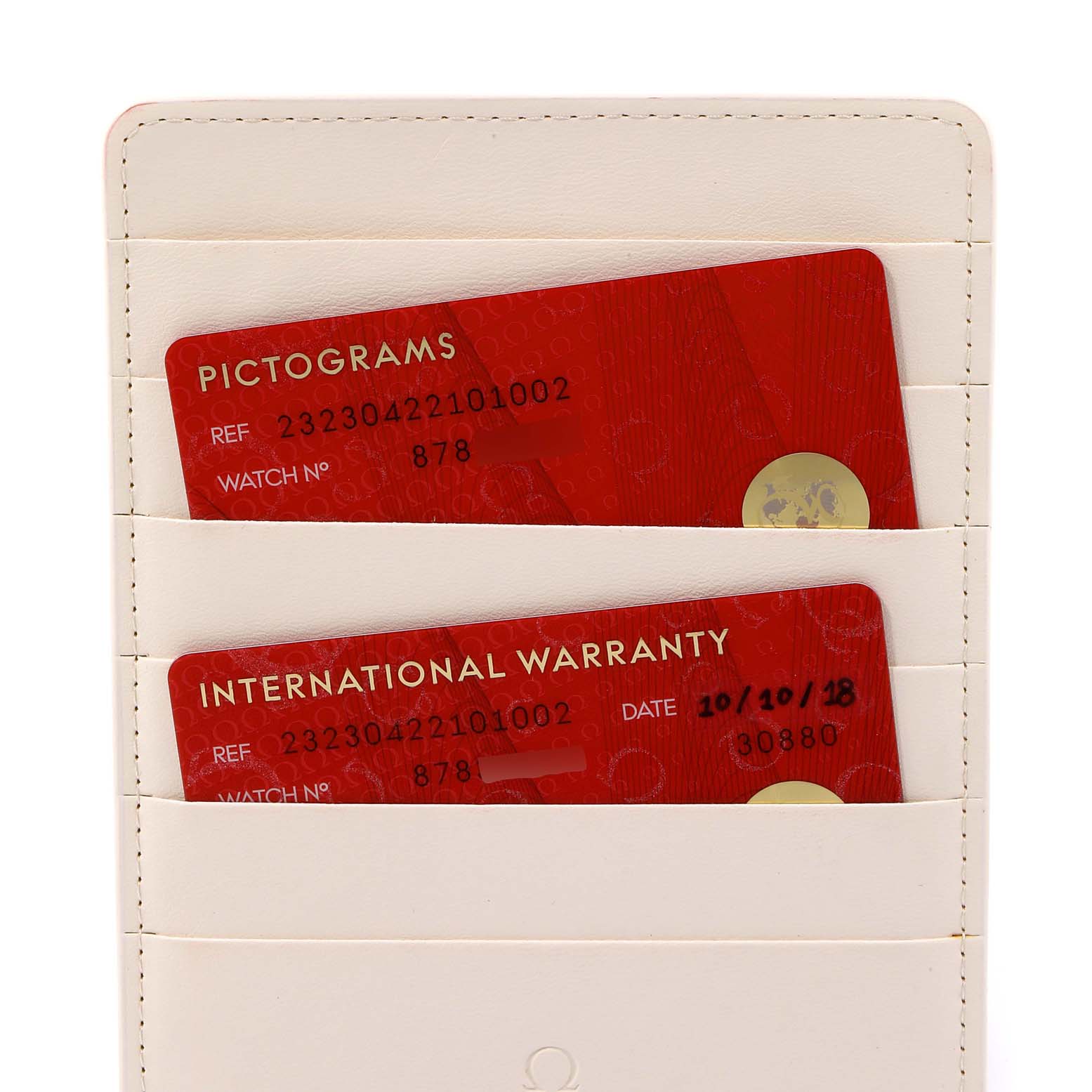 The image shows the warranty cards for an Omega Planet Ocean 232.30.42.21.01.002 Men
s Stainless Steel Black Dial 232.30.42.21.01.002 Men
s Stainless Steel Black Dial watch, placed inside a white card holder.