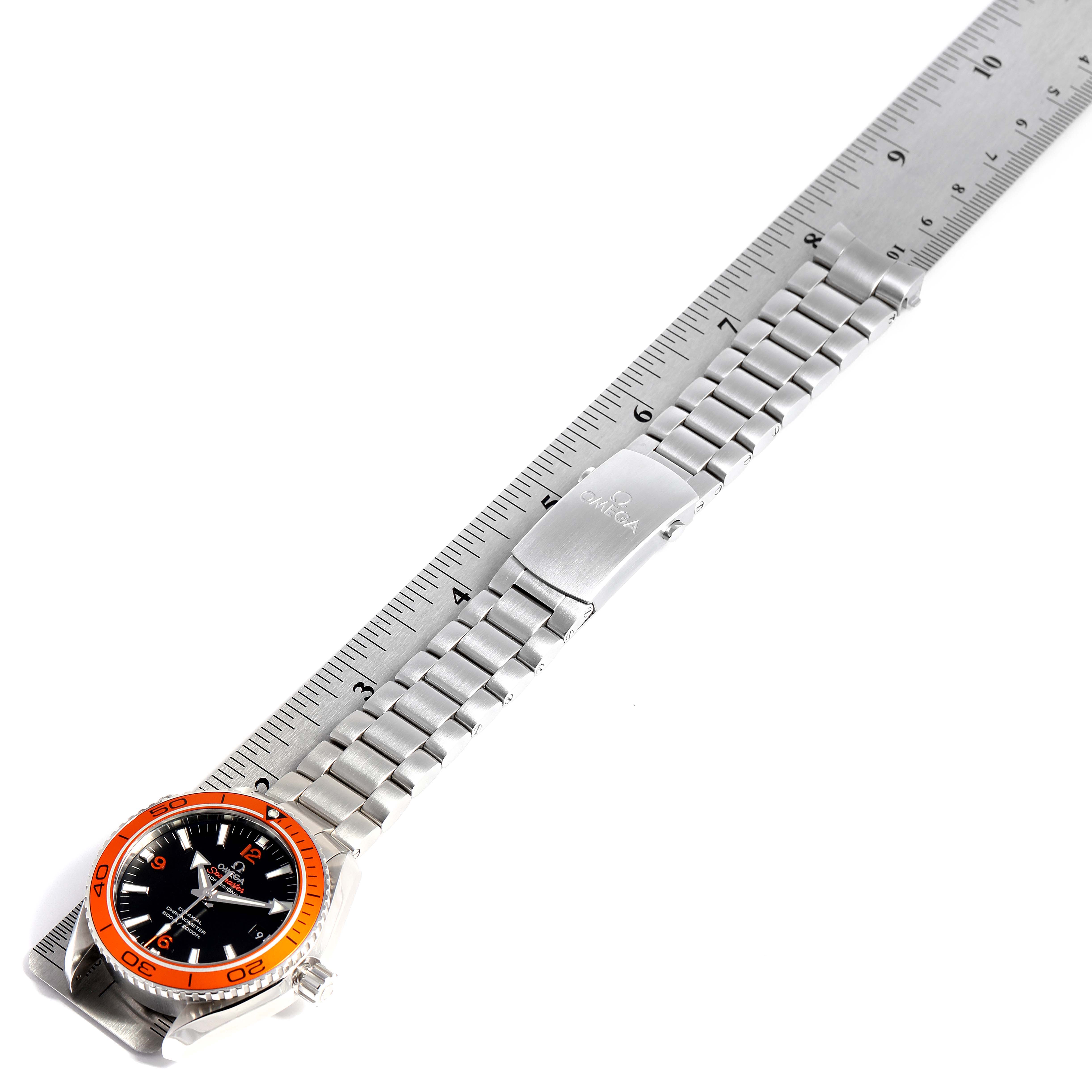 The Omega Planet Ocean 232.30.42.21.01.002 Men
s Stainless Steel Black Dial 232.30.42.21.01.002 Men
s Stainless Steel Black Dial watch is shown from an overhead angle, highlighting the face, bezel, and bracelet.