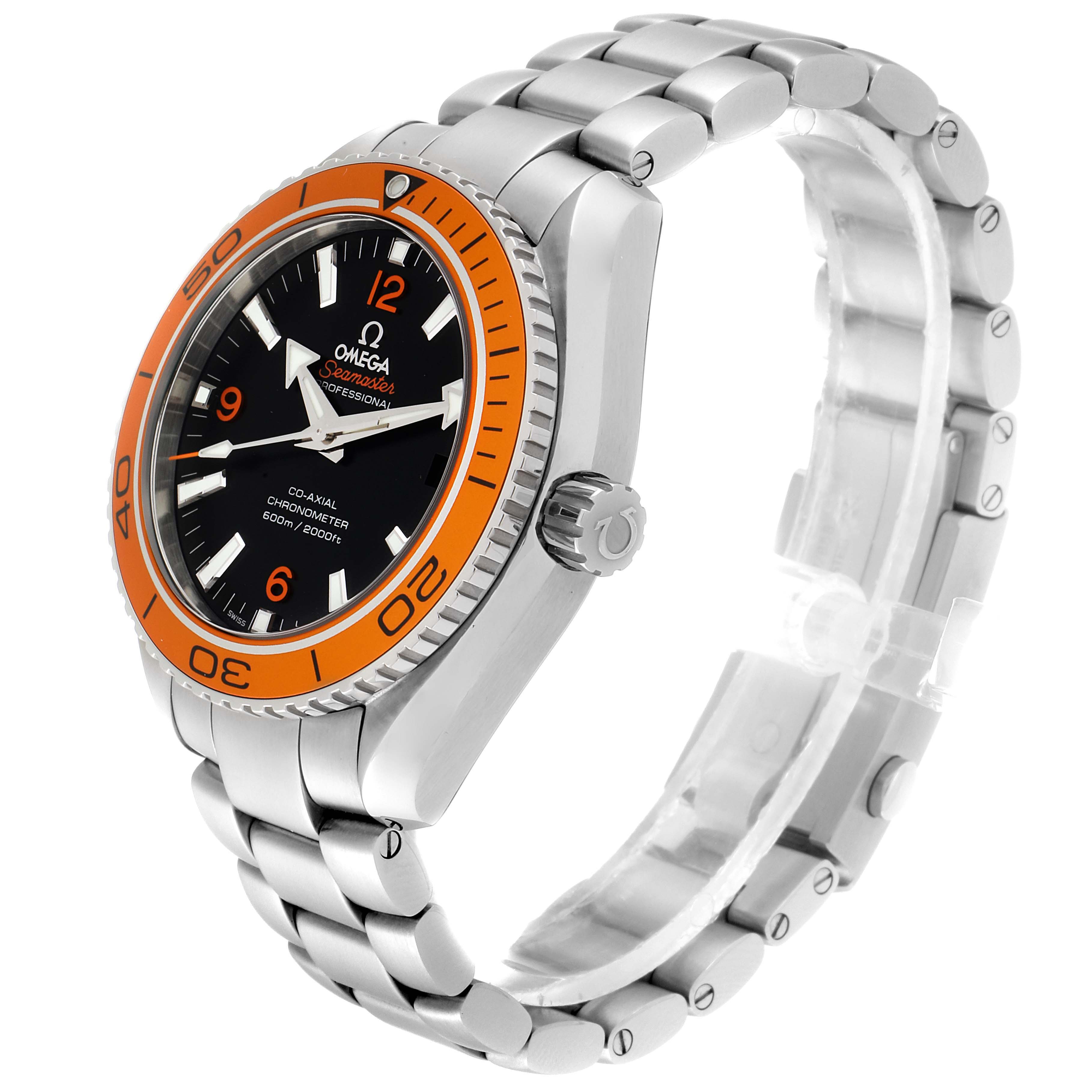 The Omega Planet Ocean 232.30.42.21.01.002 Men
s Stainless Steel Black Dial 232.30.42.21.01.002 Men
s Stainless Steel Black Dial watch is shown at a three-quarter angle, displaying its face, bezel, and stainless steel bracelet.