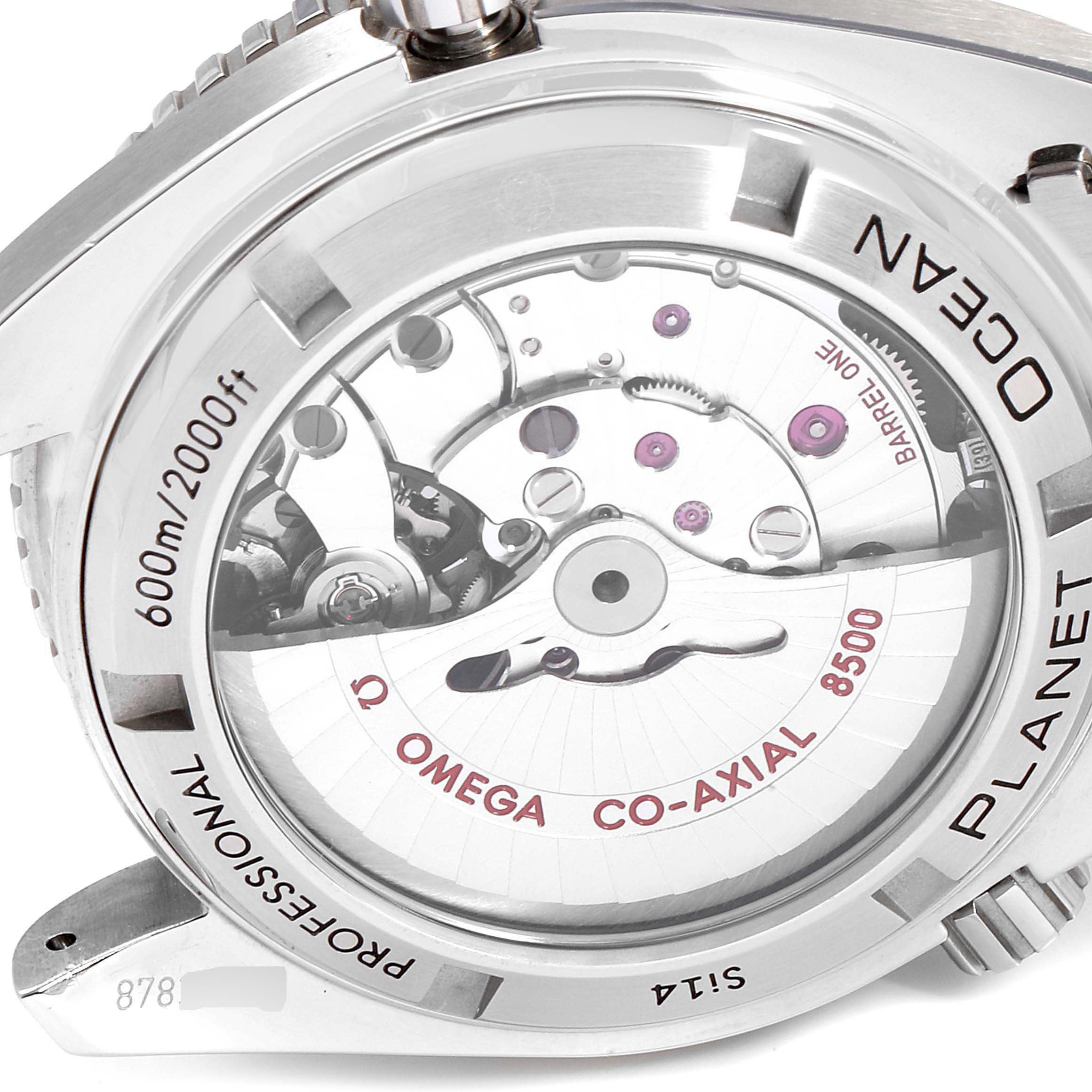 The image shows the case back of the Omega Planet Ocean 232.30.42.21.01.002 Men
s Stainless Steel Black Dial 232.30.42.21.01.002 Men
s Stainless Steel Black Dial watch, revealing its Co-Axial 8500 mechanical movement.