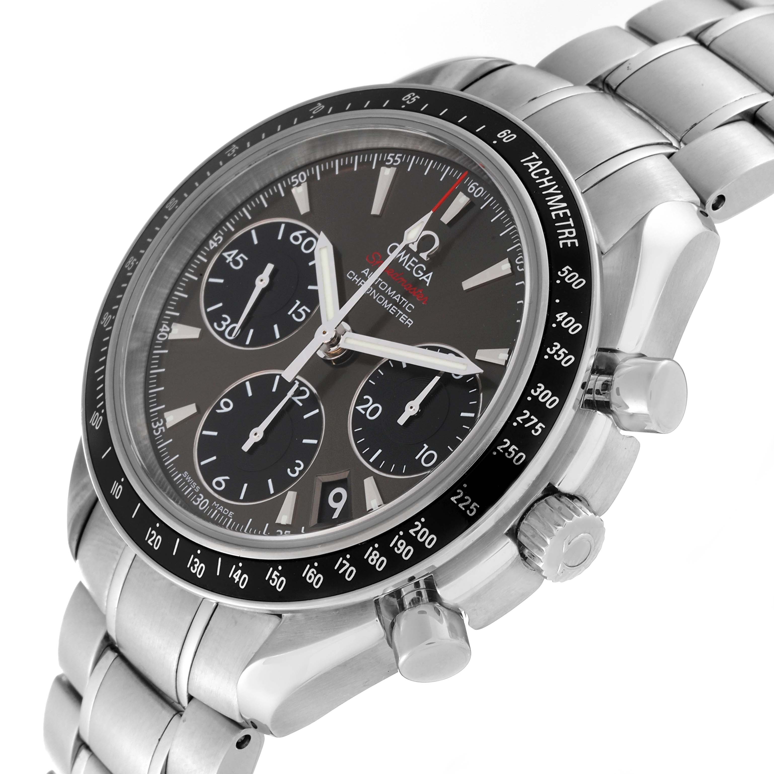 This image shows the Omega Speedmaster 323.30.40.40.06.001 Men's Stainless Steel Grey Dial 323.30.40.40.06.001 Men's Stainless Steel Grey Dial watch at an angle, highlighting the dial, bezel, pushers, and bracelet.