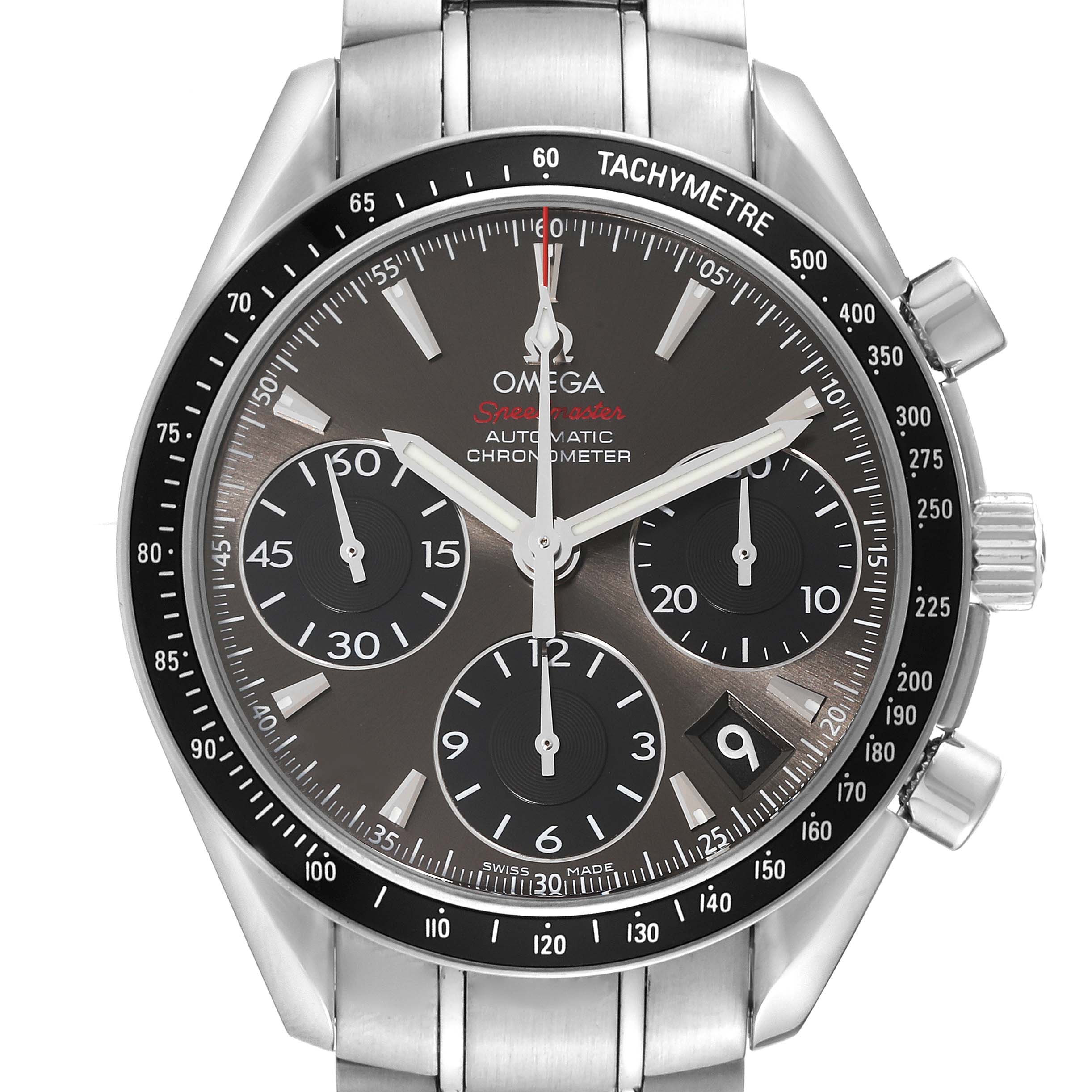 The image shows a front view of the Omega Speedmaster 323.30.40.40.06.001 Men's Stainless Steel Grey Dial 323.30.40.40.06.001 Men's Stainless Steel Grey Dial watch, highlighting its dial, subdials, bezel, and crown.
