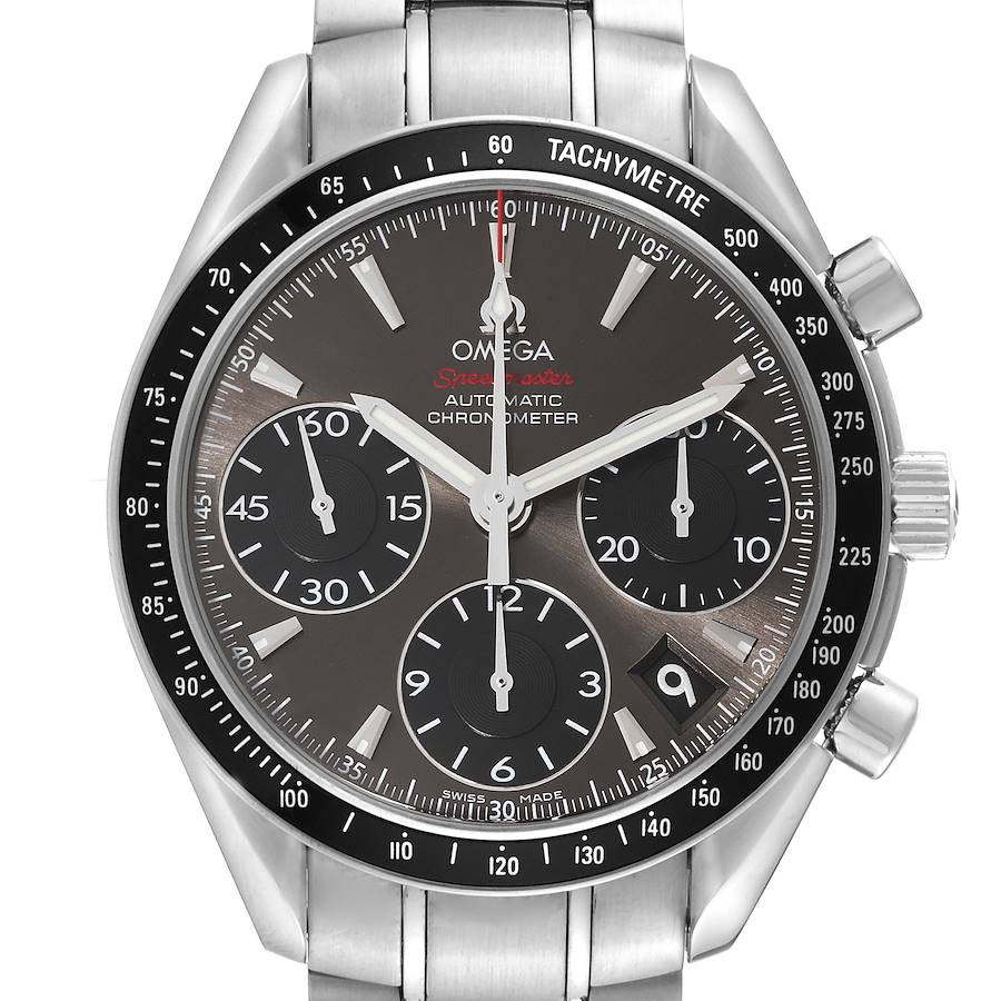 The image shows a front view of the Omega Speedmaster watch, highlighting its dial, subdials, bezel, and crown.