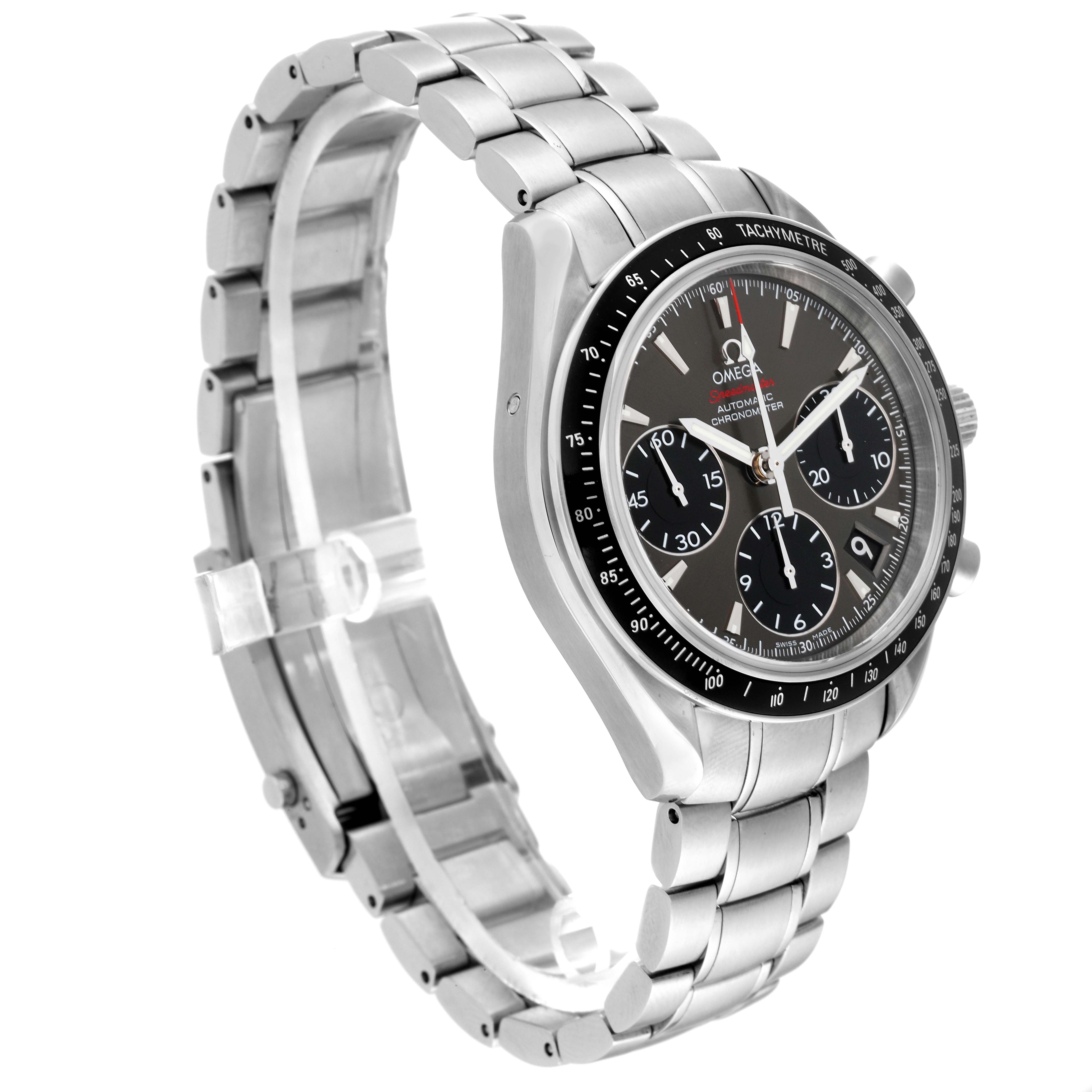 The image shows an Omega Speedmaster 323.30.40.40.06.001 Men's Stainless Steel Grey Dial 323.30.40.40.06.001 Men's Stainless Steel Grey Dial watch at an oblique angle, highlighting its face, bezel, and stainless steel bracelet.