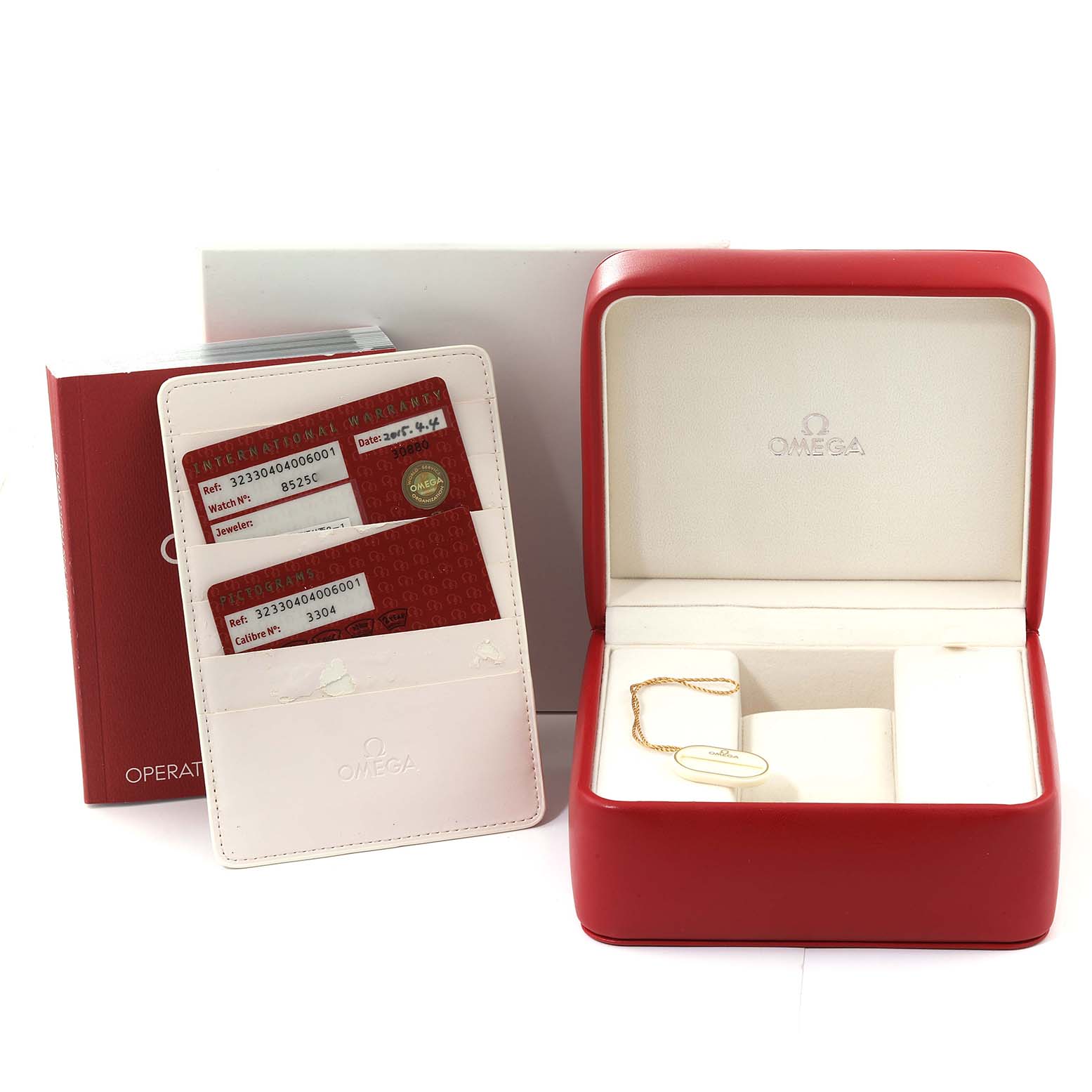 The image shows the packaging, warranty cards, and box for an Omega Speedmaster 323.30.40.40.06.001 Men's Stainless Steel Grey Dial 323.30.40.40.06.001 Men's Stainless Steel Grey Dial watch.