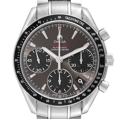 This image showcases a front view of the Omega Speedmaster watch, highlighting the dial, subdials, bezel, tachymetre, and part of the bracelet.