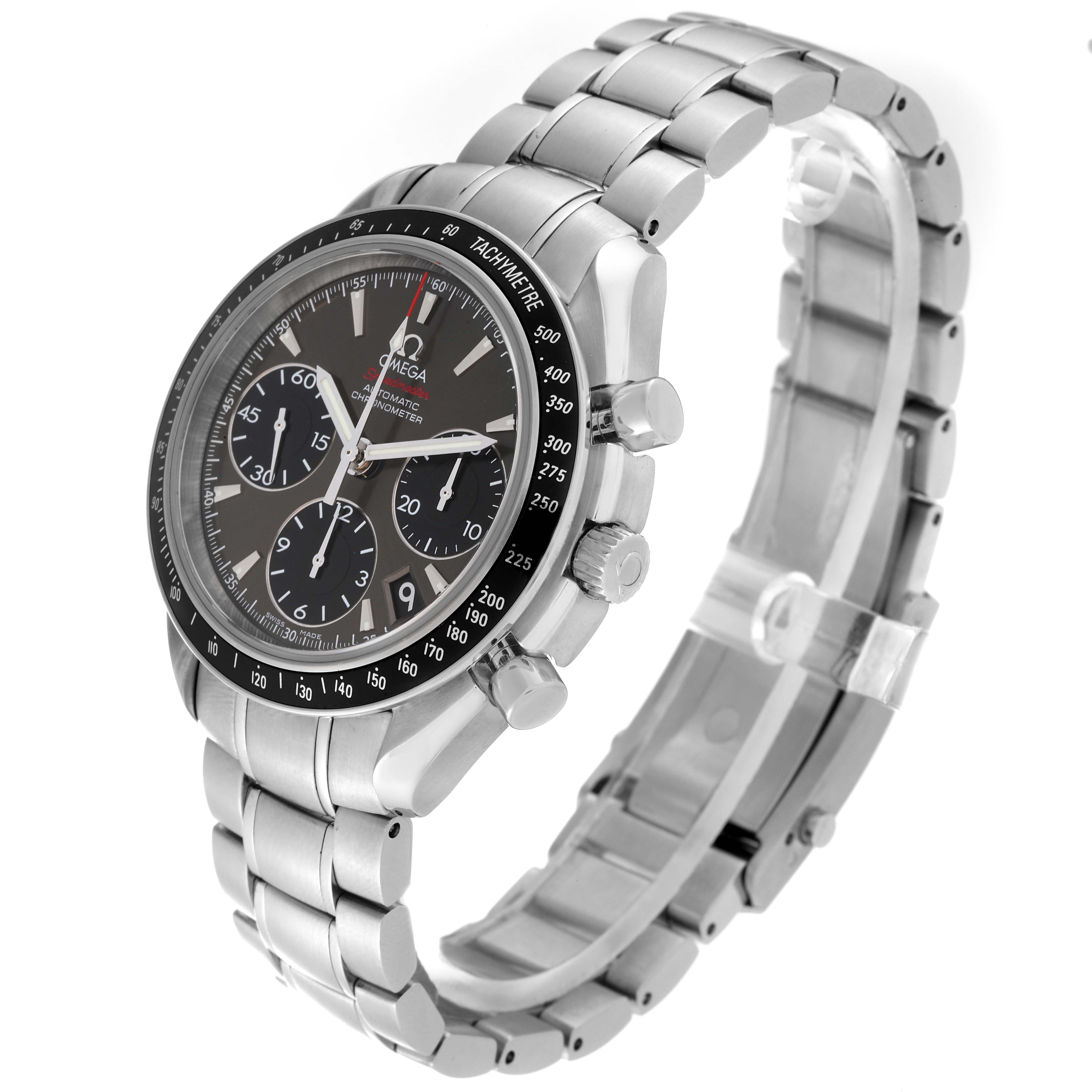 The image shows an Omega Speedmaster 323.30.40.40.06.001 Men's Stainless Steel Grey Dial 323.30.40.40.06.001 Men's Stainless Steel Grey Dial watch from a three-quarter angle, highlighting the bracelet, bezel, crown, and pushers.
