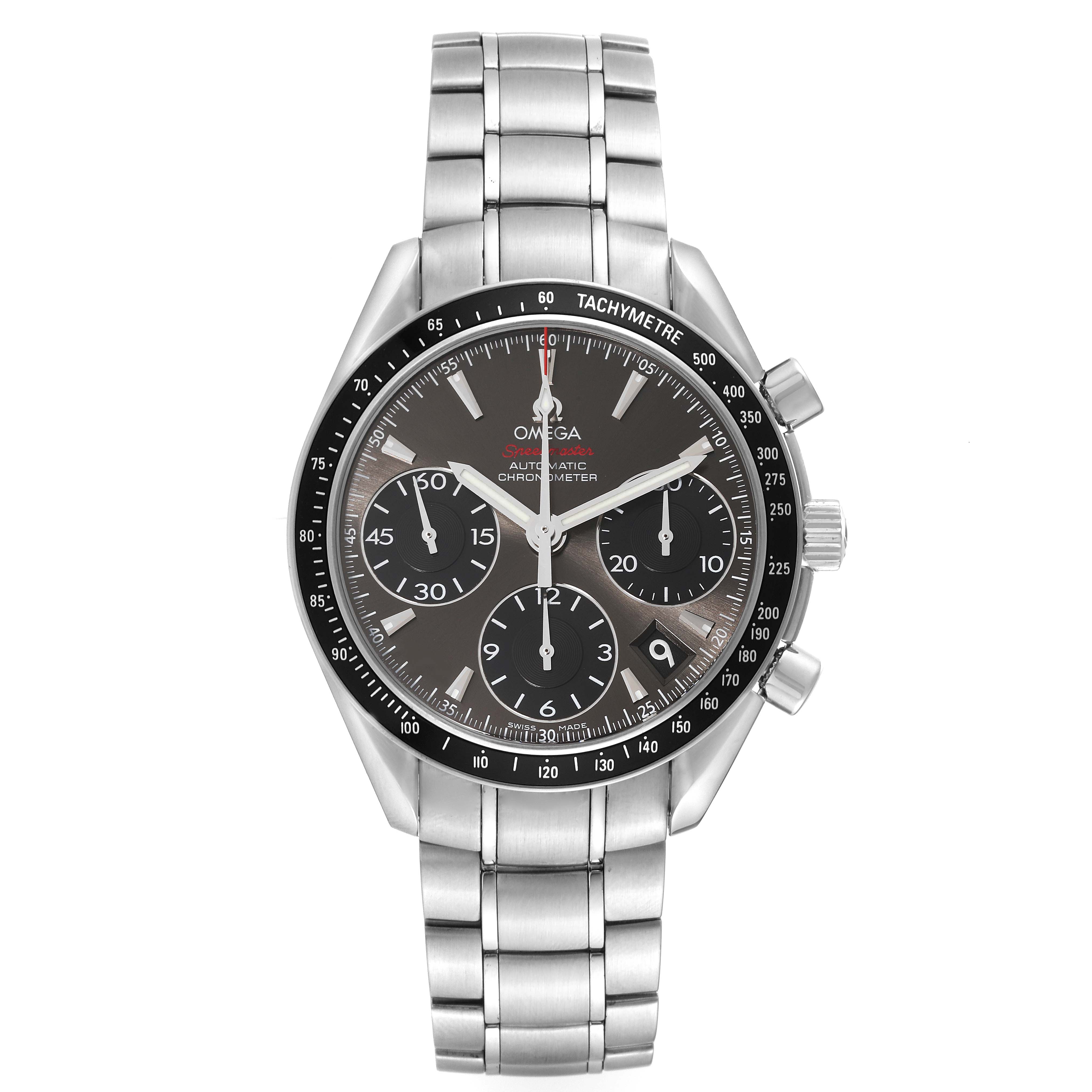 The image shows a front view of the Omega Speedmaster 323.30.40.40.06.001 Men's Stainless Steel Grey Dial 323.30.40.40.06.001 Men's Stainless Steel Grey Dial watch, displaying its dial, tachymeter bezel, and stainless steel bracelet.