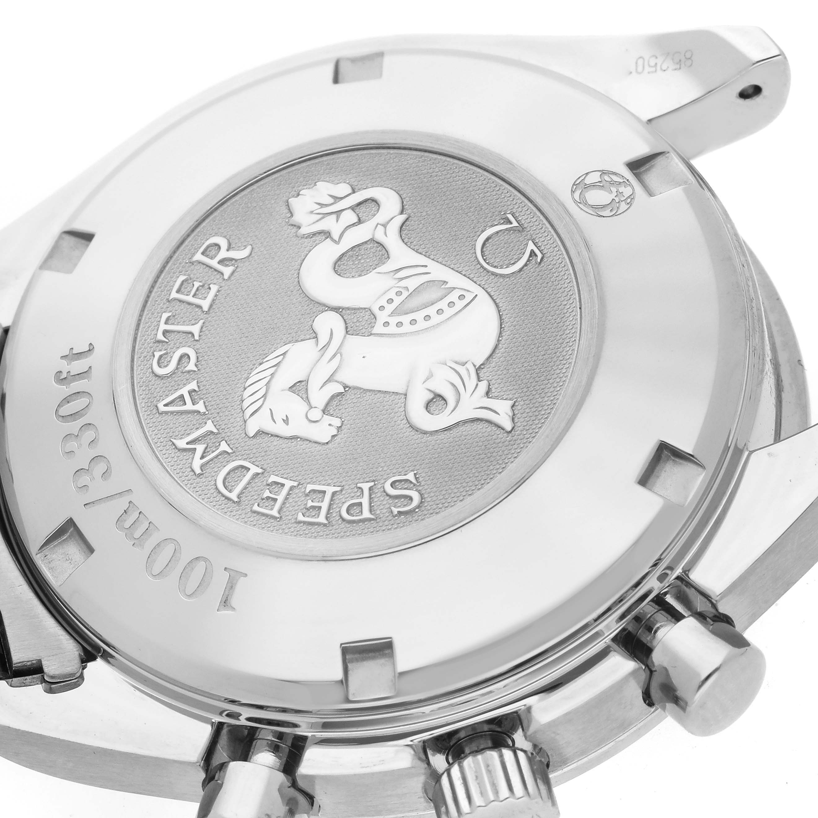 The image shows the back case of an Omega Speedmaster 323.30.40.40.06.001 Men's Stainless Steel Grey Dial 323.30.40.40.06.001 Men's Stainless Steel Grey Dial watch, detailing its emblem and water resistance markings.