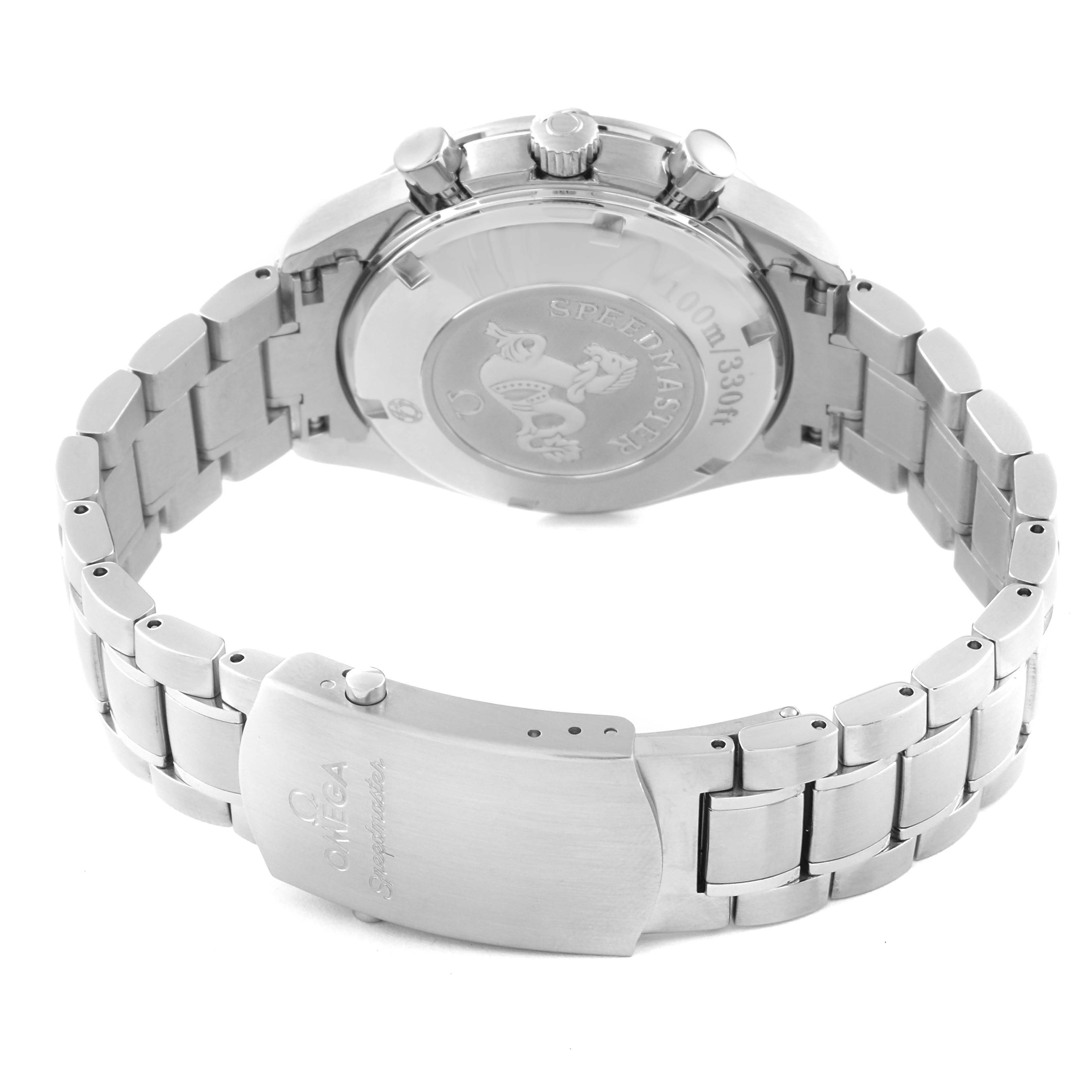 The image shows the back of the Omega Speedmaster 323.30.40.40.06.001 Men's Stainless Steel Grey Dial 323.30.40.40.06.001 Men's Stainless Steel Grey Dial watch, featuring its clasp, bracelet, and case back.