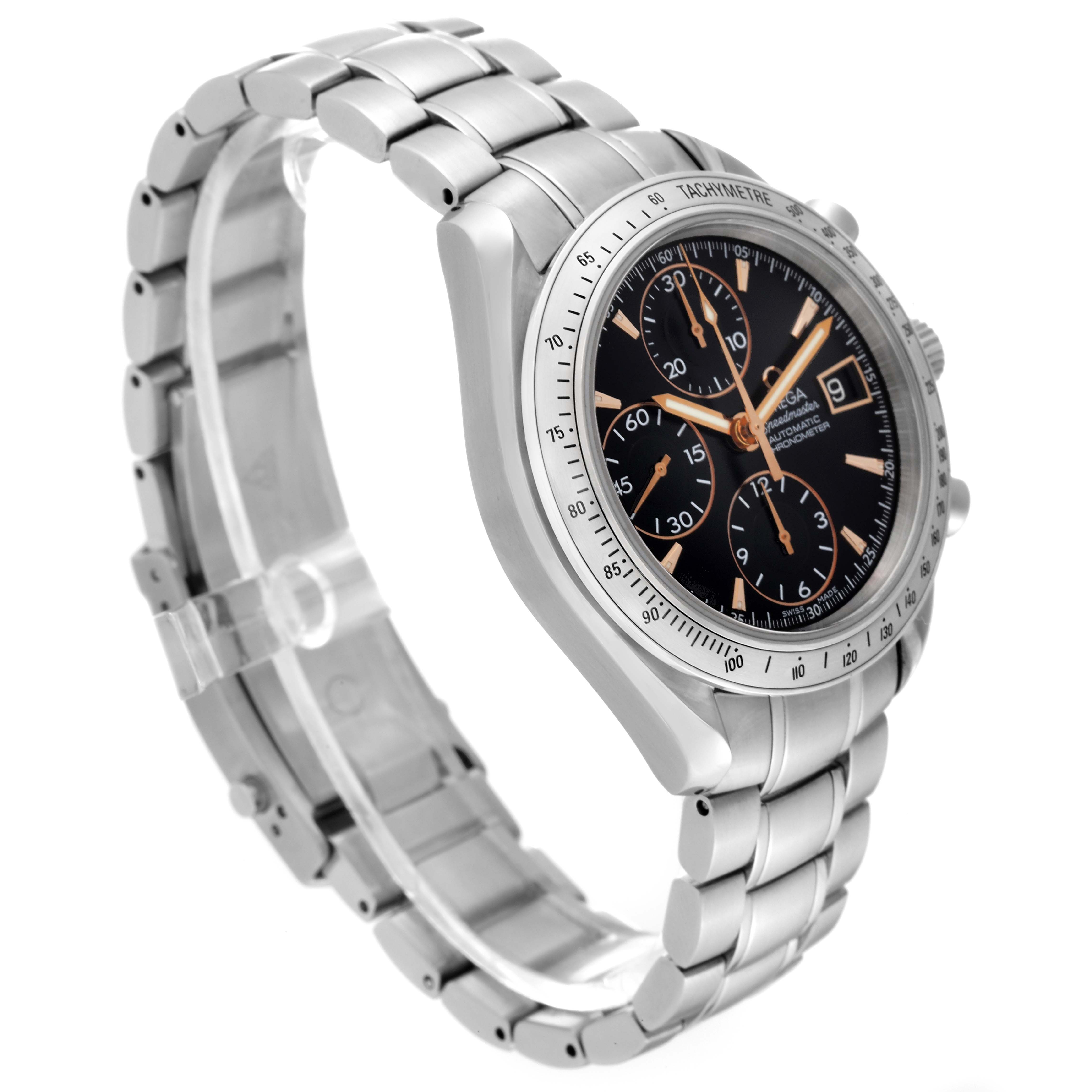 The image shows an angled view of an Omega Speedmaster 3511.50.00 Men
s Stainless Steel Black Dial 3511.50.00 Men
s Stainless Steel Black Dial with its face, bezel, and metal bracelet visible.