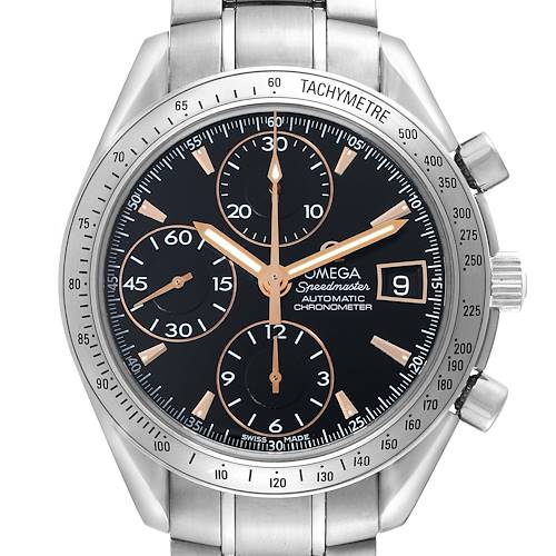 The image shows the front view of the Omega Speedmaster watch, including the dial, subdials, and tachymeter.