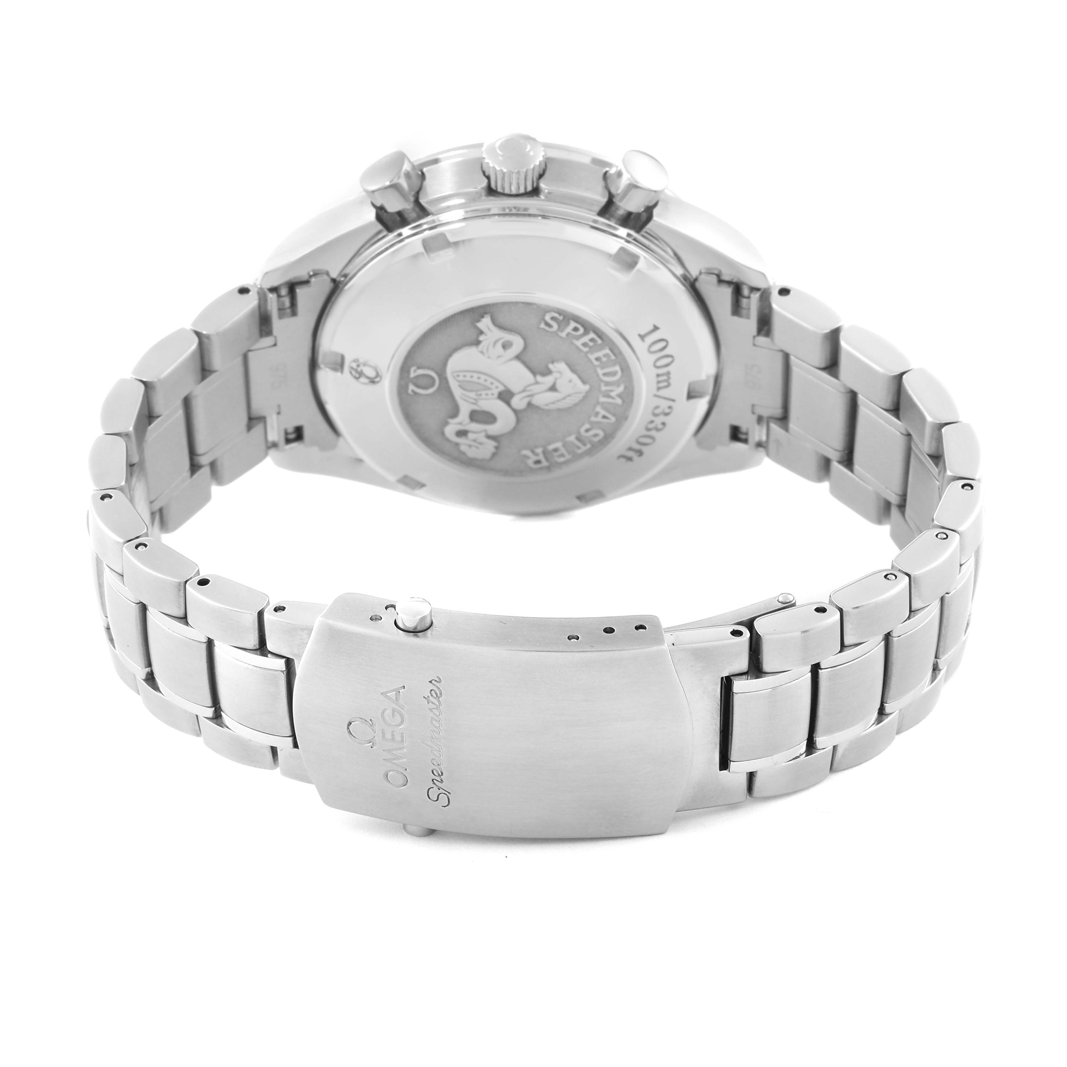 The image shows the back view of an Omega Speedmaster 3511.50.00 Men
s Stainless Steel Black Dial 3511.50.00 Men
s Stainless Steel Black Dial watch, highlighting the case back and metal bracelet with clasp.