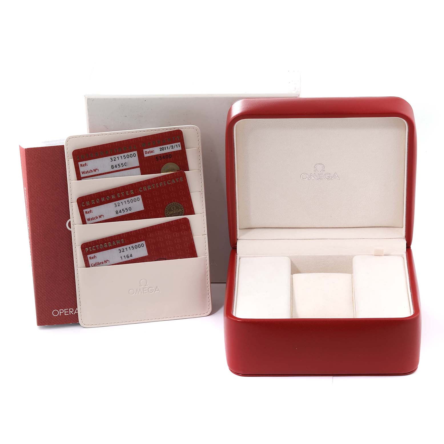 The image shows the box, cardholder with documentation, and the outer packaging for the Omega Speedmaster 3511.50.00 Men
s Stainless Steel Black Dial 3511.50.00 Men
s Stainless Steel Black Dial watch.