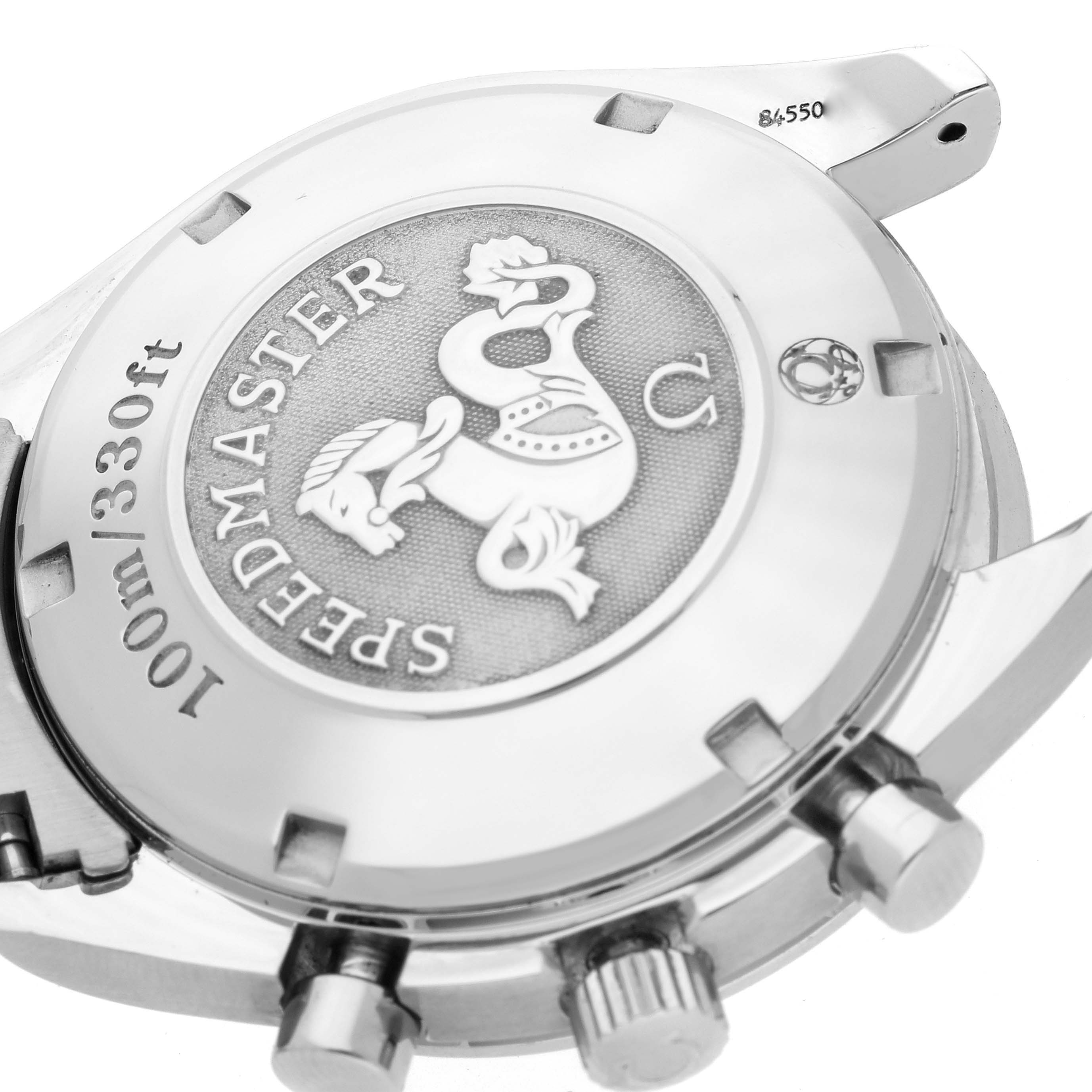 The image shows the back and side view of an Omega Speedmaster 3511.50.00 Men
s Stainless Steel Black Dial 3511.50.00 Men
s Stainless Steel Black Dial watch case with the case back emblem and pushers visible.