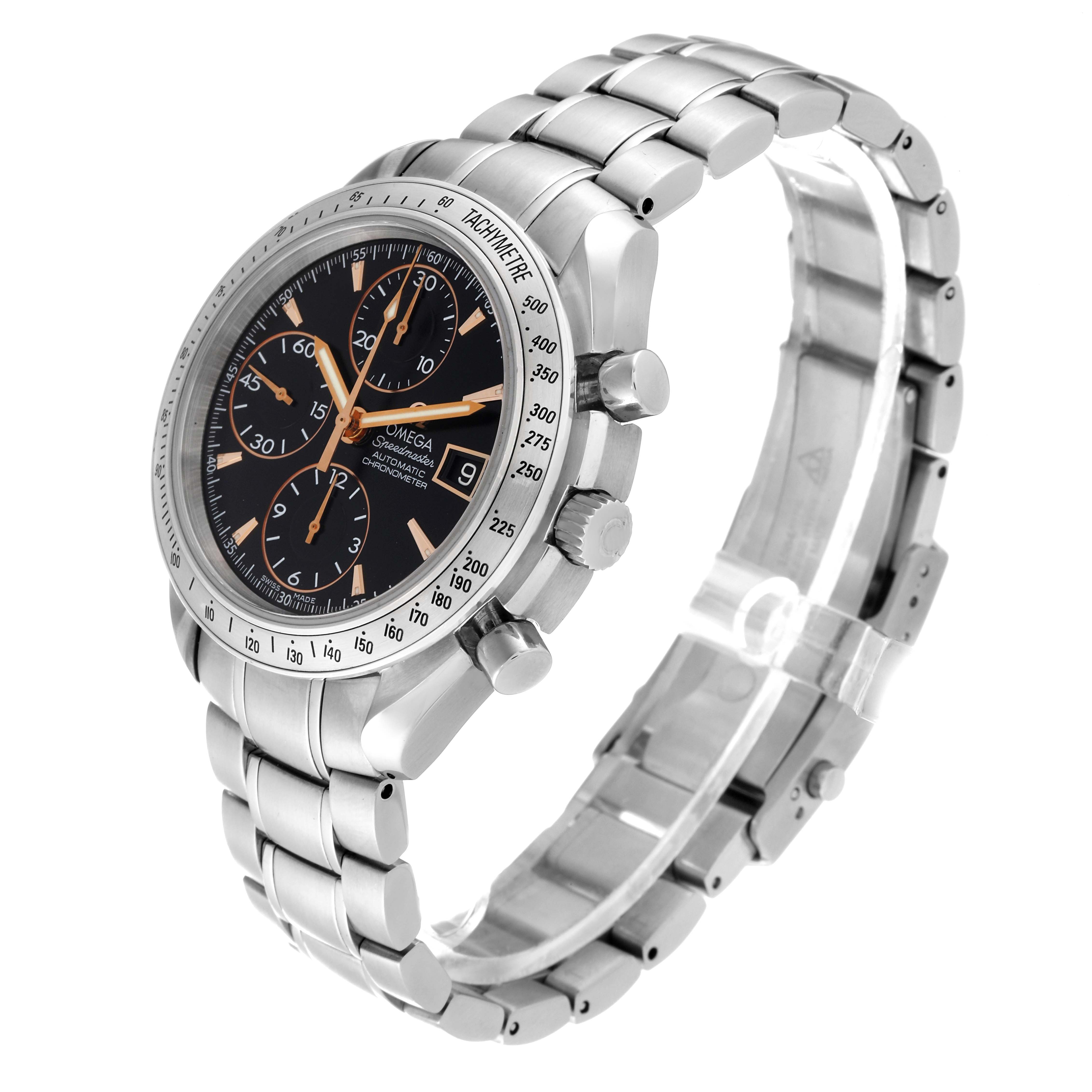 The Omega Speedmaster 3511.50.00 Men
s Stainless Steel Black Dial 3511.50.00 Men
s Stainless Steel Black Dial watch is shown from a three-quarter angle, displaying the face, bezel, crown, pushers, and part of the bracelet.