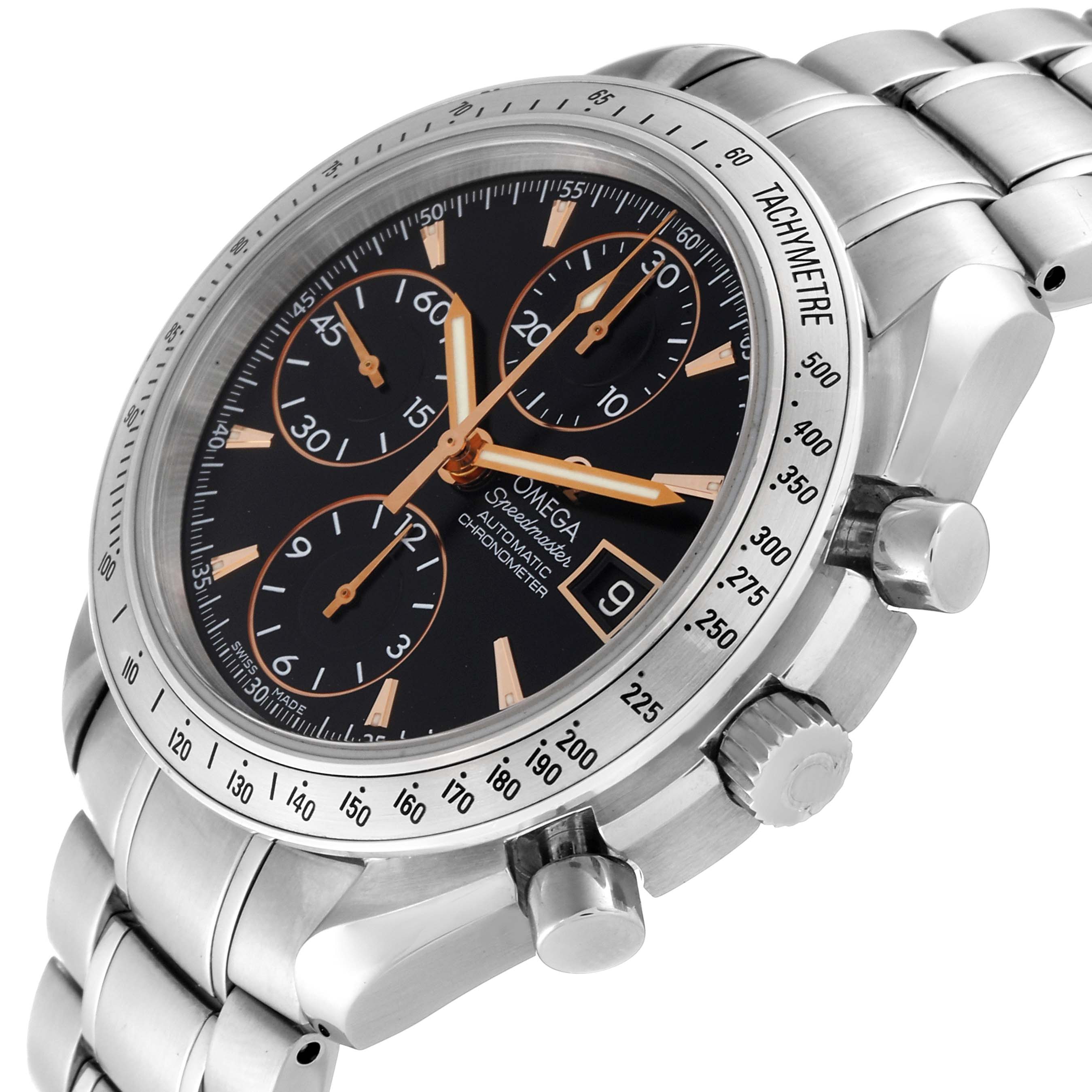 This image shows an angled close-up of the Omega Speedmaster 3511.50.00 Men
s Stainless Steel Black Dial 3511.50.00 Men
s Stainless Steel Black Dial watch face, crown, pushers, and bracelet.