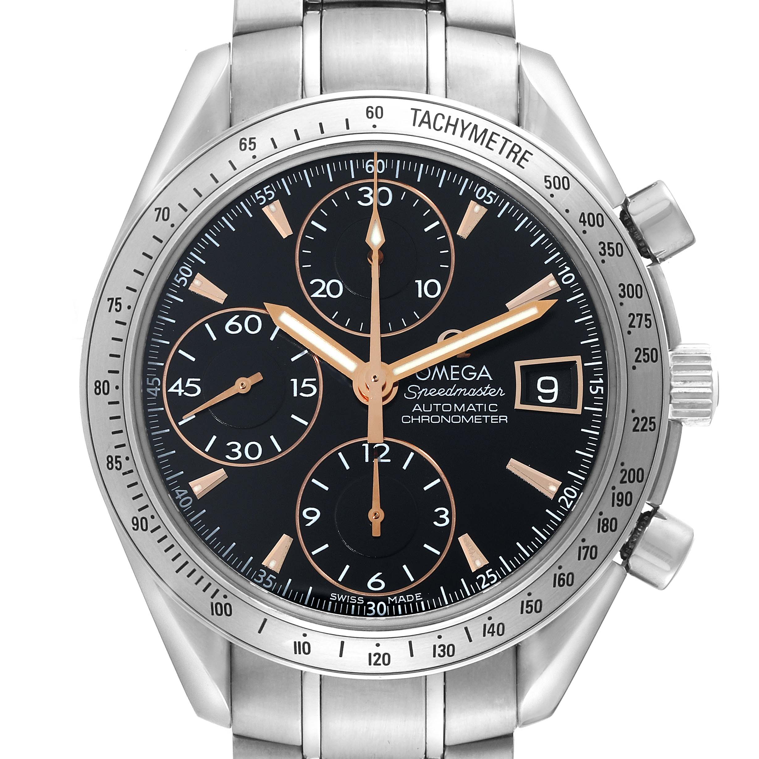The image shows a front view of an Omega Speedmaster 3511.50.00 Men
s Stainless Steel Black Dial 3511.50.00 Men
s Stainless Steel Black Dial watch displaying the dial, subdials, date window, and tachymeter scale.