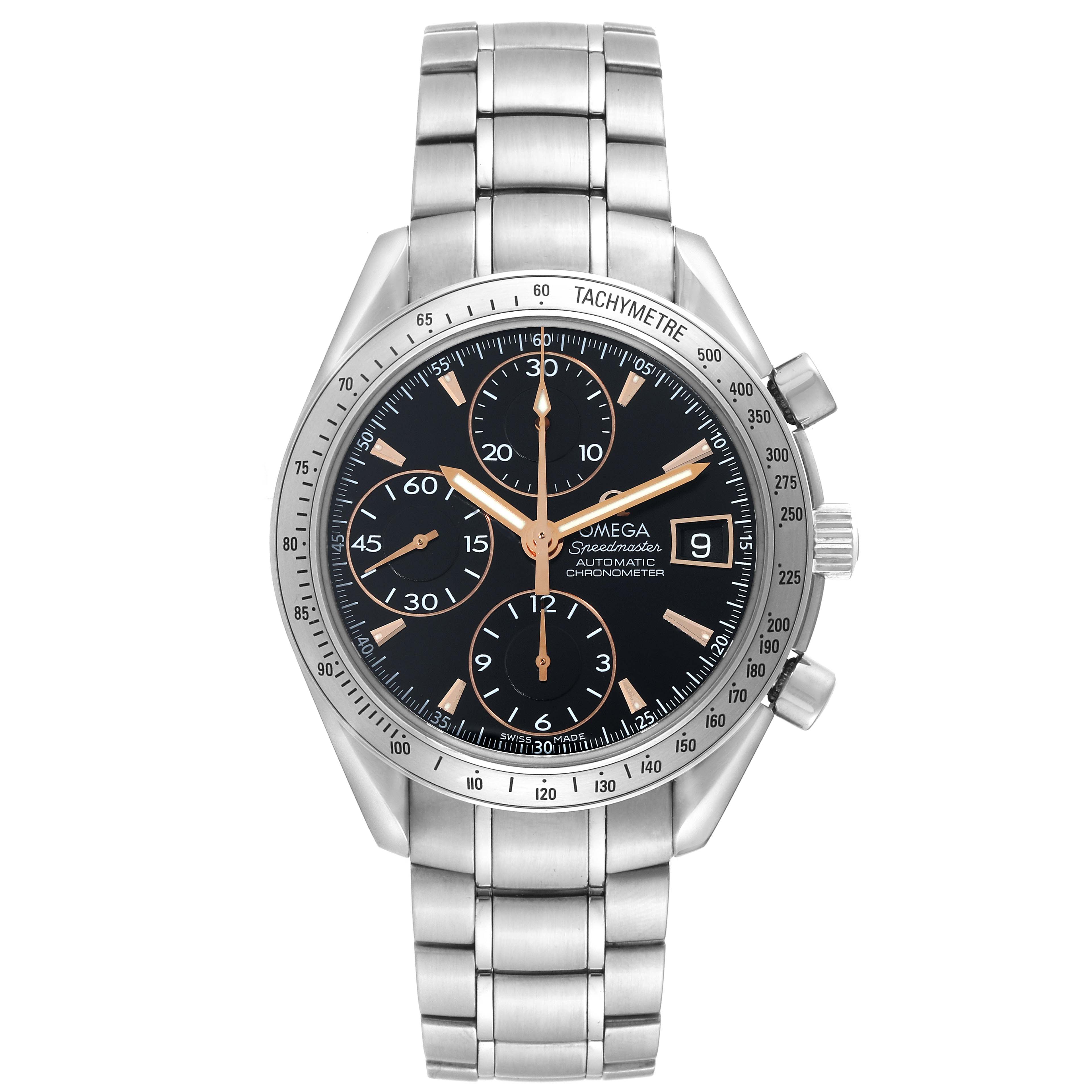 This image displays the front view of an Omega Speedmaster 3511.50.00 Men
s Stainless Steel Black Dial 3511.50.00 Men
s Stainless Steel Black Dial watch, showing its face, dial, subdials, date window, and stainless steel band.