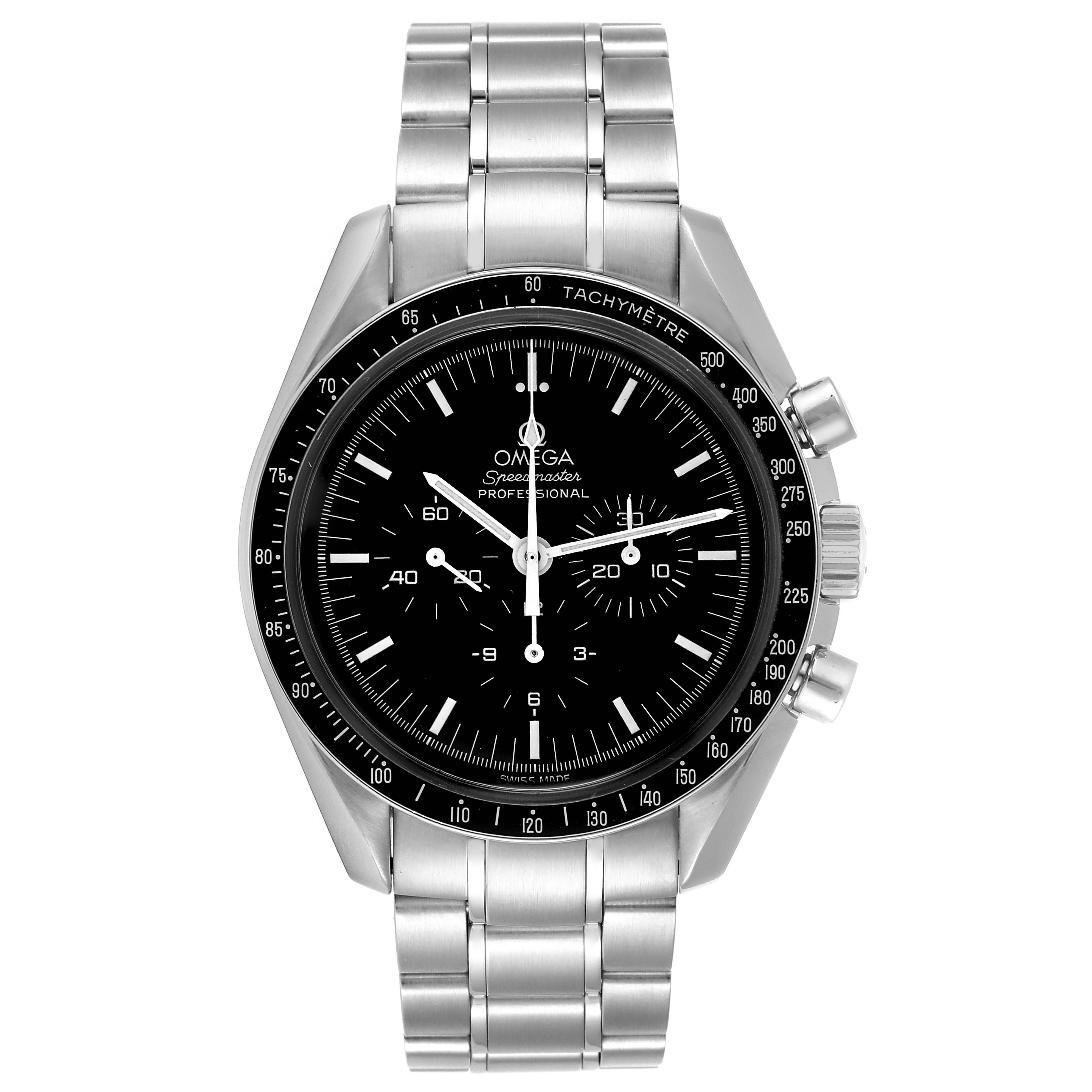 The image shows a front view of the Omega Speedmaster 3572.50.00 Men
s Stainless Steel Black Dial 3572.50.00 Men
s Stainless Steel Black Dial Professional watch, displaying its face, bezel, and bracelet.