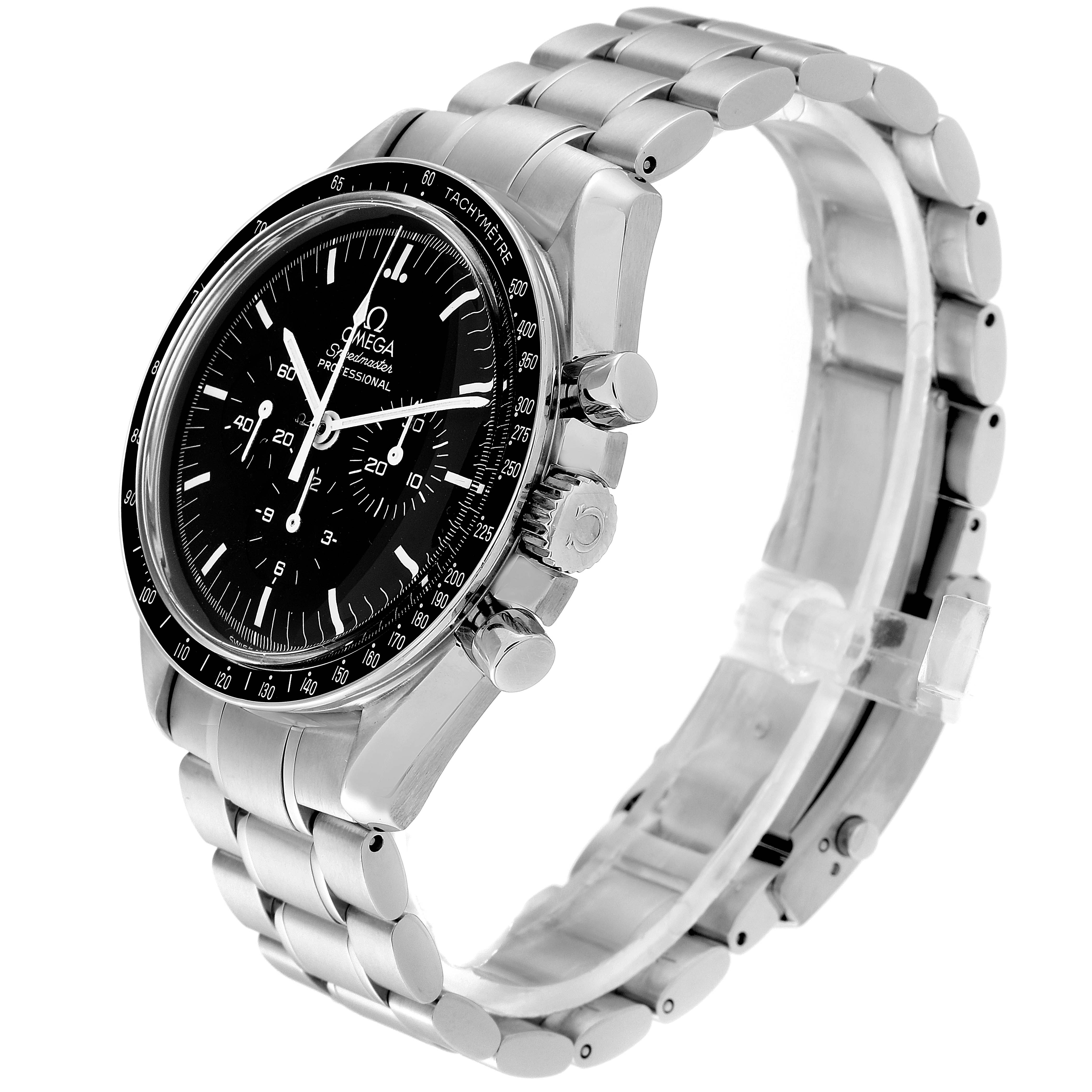 The image shows an angled view of an Omega Speedmaster 3572.50.00 Men
s Stainless Steel Black Dial 3572.50.00 Men
s Stainless Steel Black Dial watch, displaying its face, bezel, crown, pushers, and bracelet.