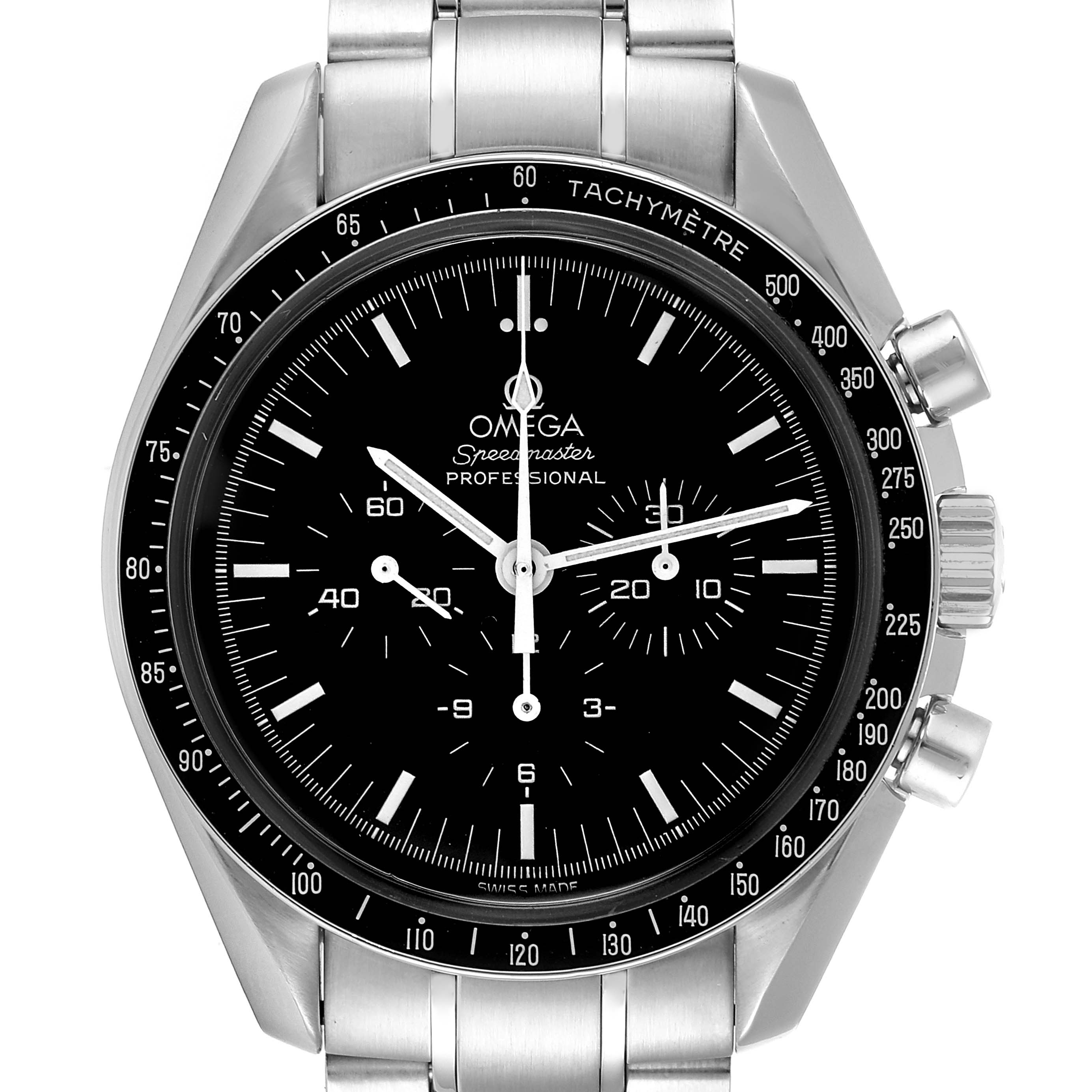 This image shows a frontal view of the Omega Speedmaster 3572.50.00 Men
s Stainless Steel Black Dial 3572.50.00 Men
s Stainless Steel Black Dial watch, highlighting its dial, tachymeter, sub-dials, and stainless steel bracelet.