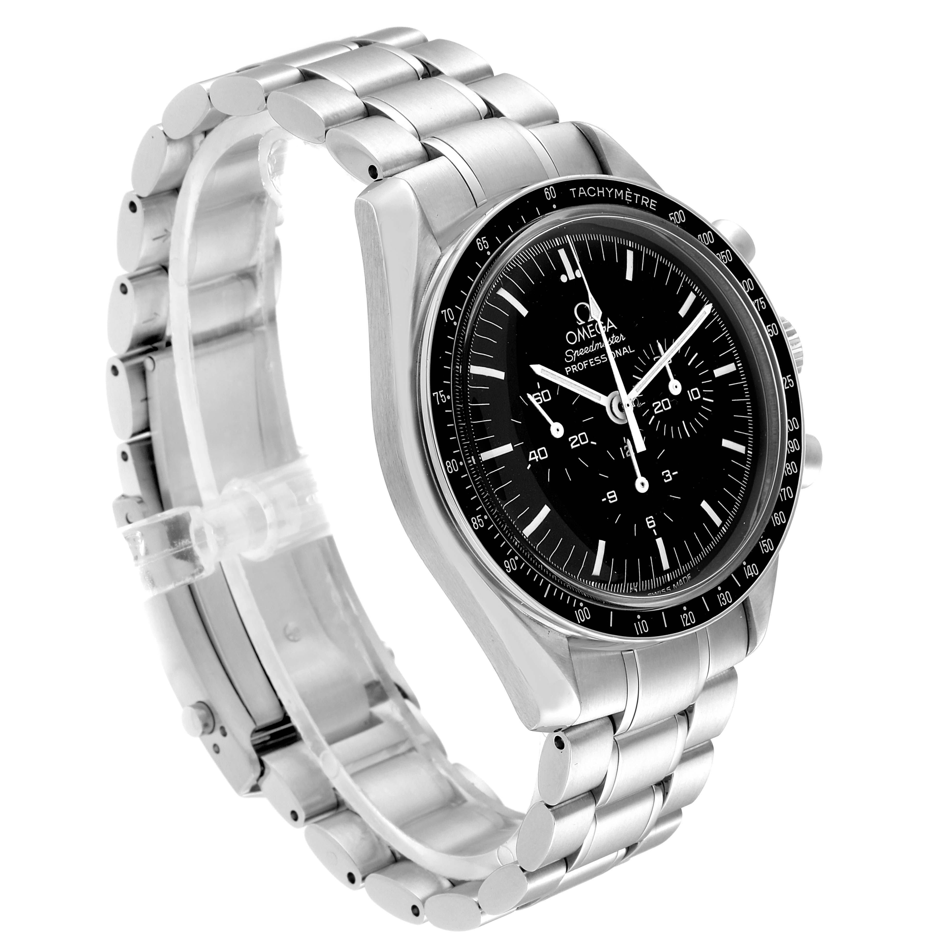 The image shows an angled view of the Omega Speedmaster 3572.50.00 Men
s Stainless Steel Black Dial 3572.50.00 Men
s Stainless Steel Black Dial watch, highlighting its stainless steel bracelet, black dial, and tachymeter bezel.