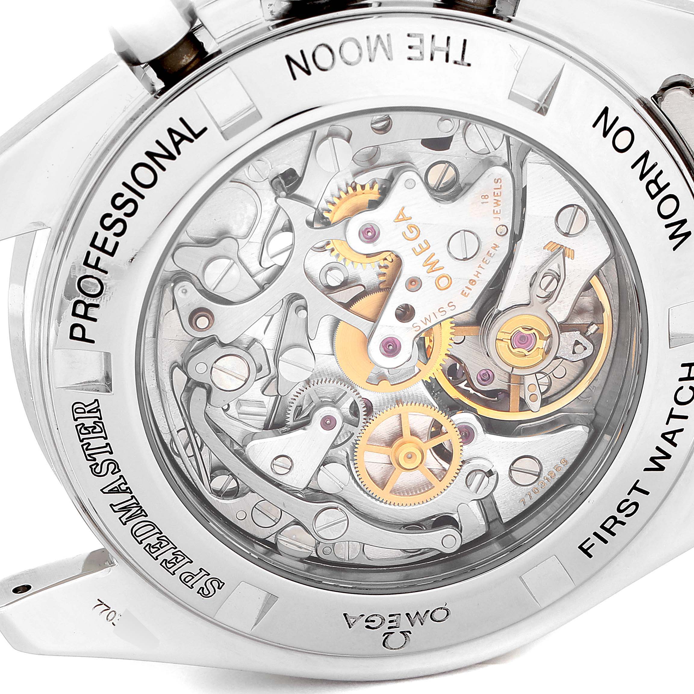 The image shows the back view of the Omega Speedmaster 3572.50.00 Men
s Stainless Steel Black Dial 3572.50.00 Men
s Stainless Steel Black Dial watch, highlighting its intricate mechanical movement.