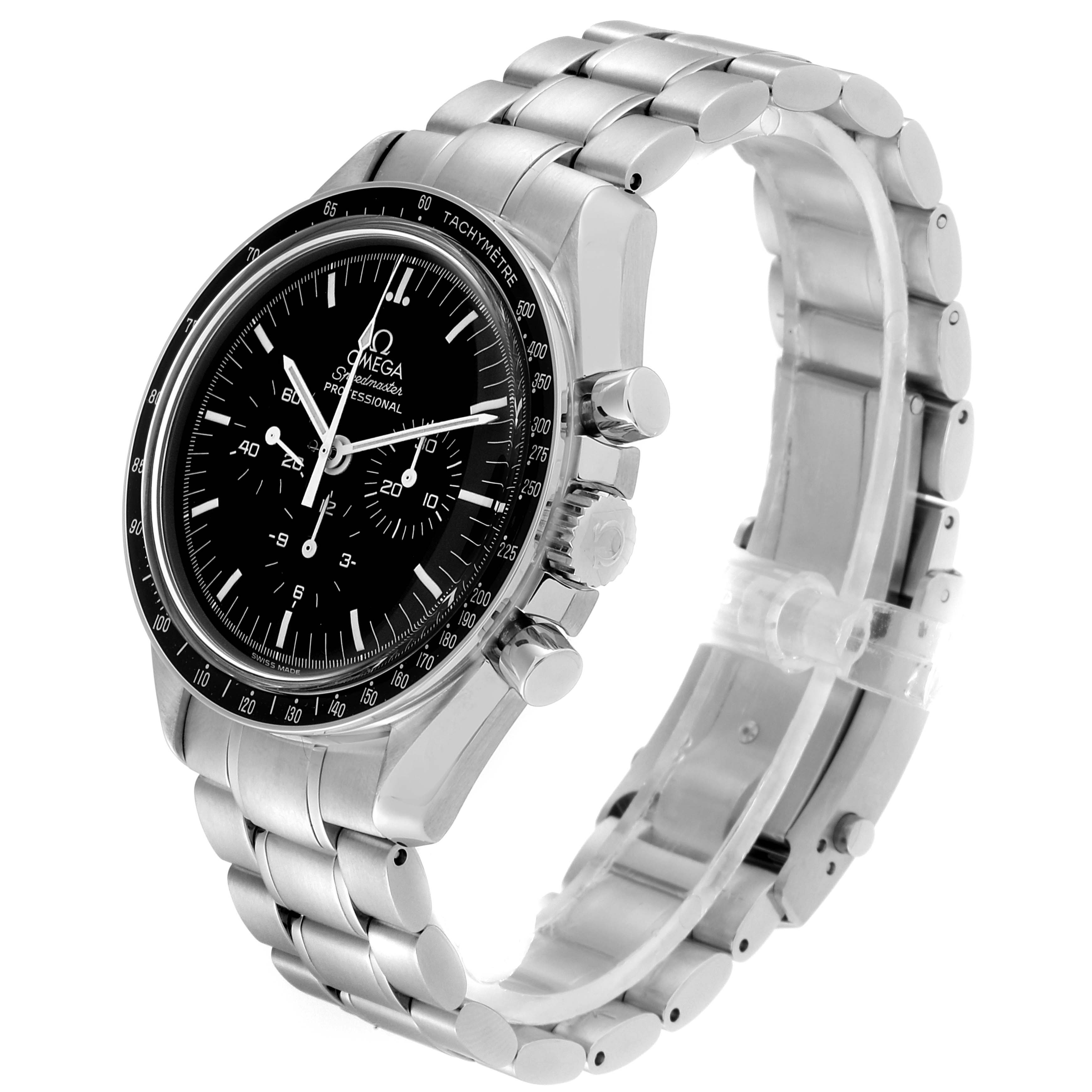 The image shows an Omega Speedmaster 3572.50.00 Men
s Stainless Steel Black Dial 3572.50.00 Men
s Stainless Steel Black Dial watch at an angle highlighting the face, bezel, pushers, crown, and bracelet.
