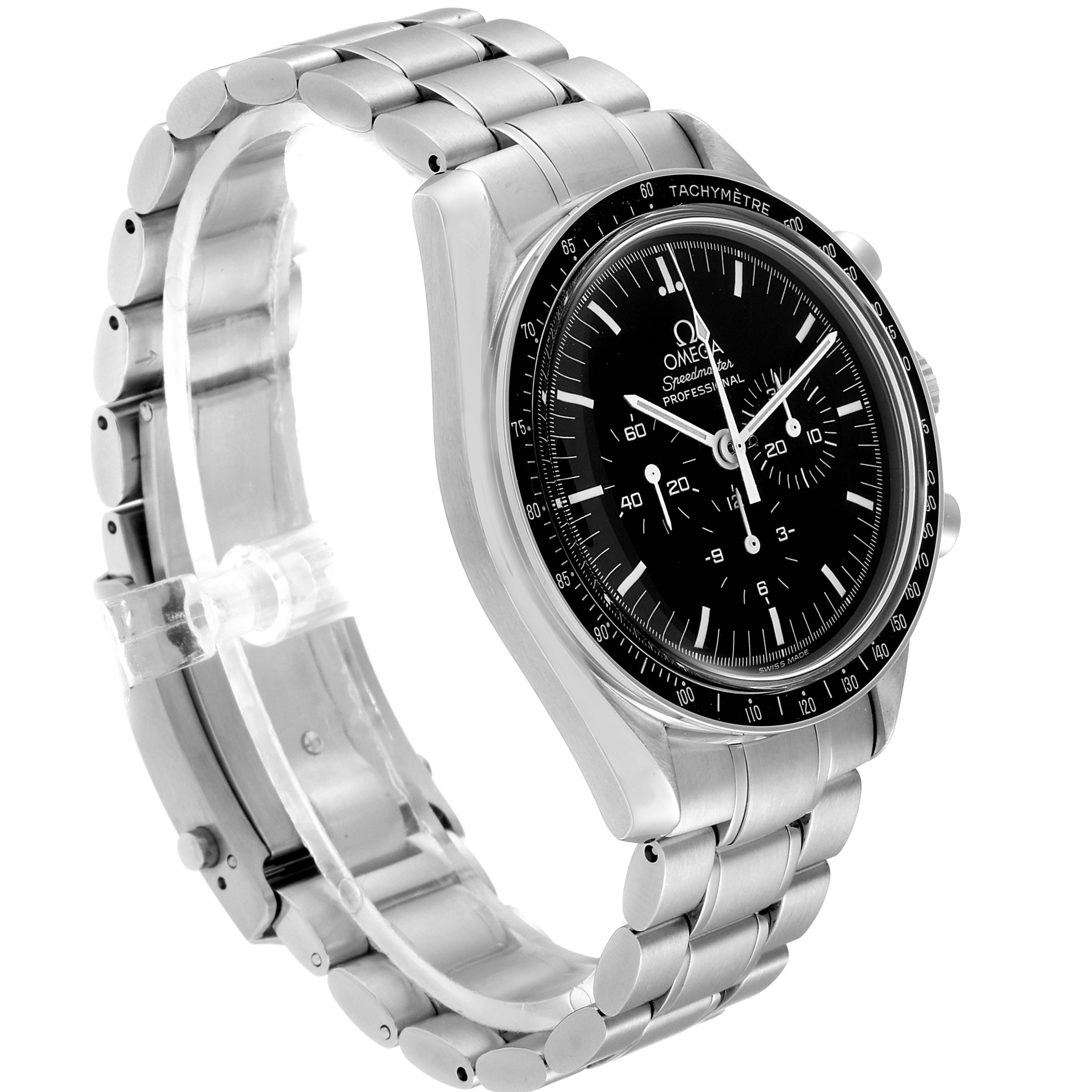 The image shows an Omega Speedmaster 3572.50.00 Men
s Stainless Steel Black Dial 3572.50.00 Men
s Stainless Steel Black Dial watch angled from the left side, highlighting the dial, bezel, and bracelet.