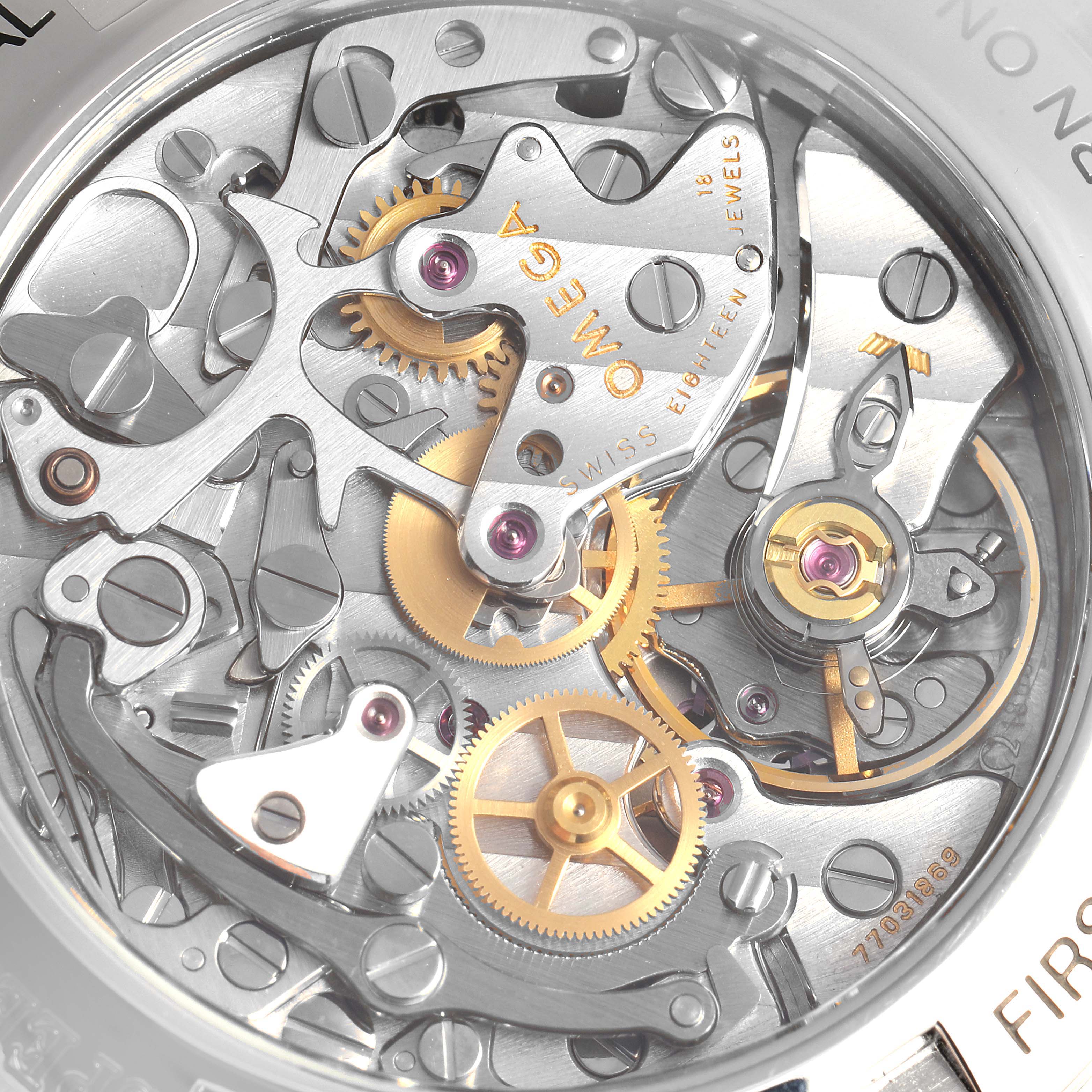 This image shows a close-up view of the intricate mechanical movement of an Omega Speedmaster 3572.50.00 Men
s Stainless Steel Black Dial 3572.50.00 Men
s Stainless Steel Black Dial watch.