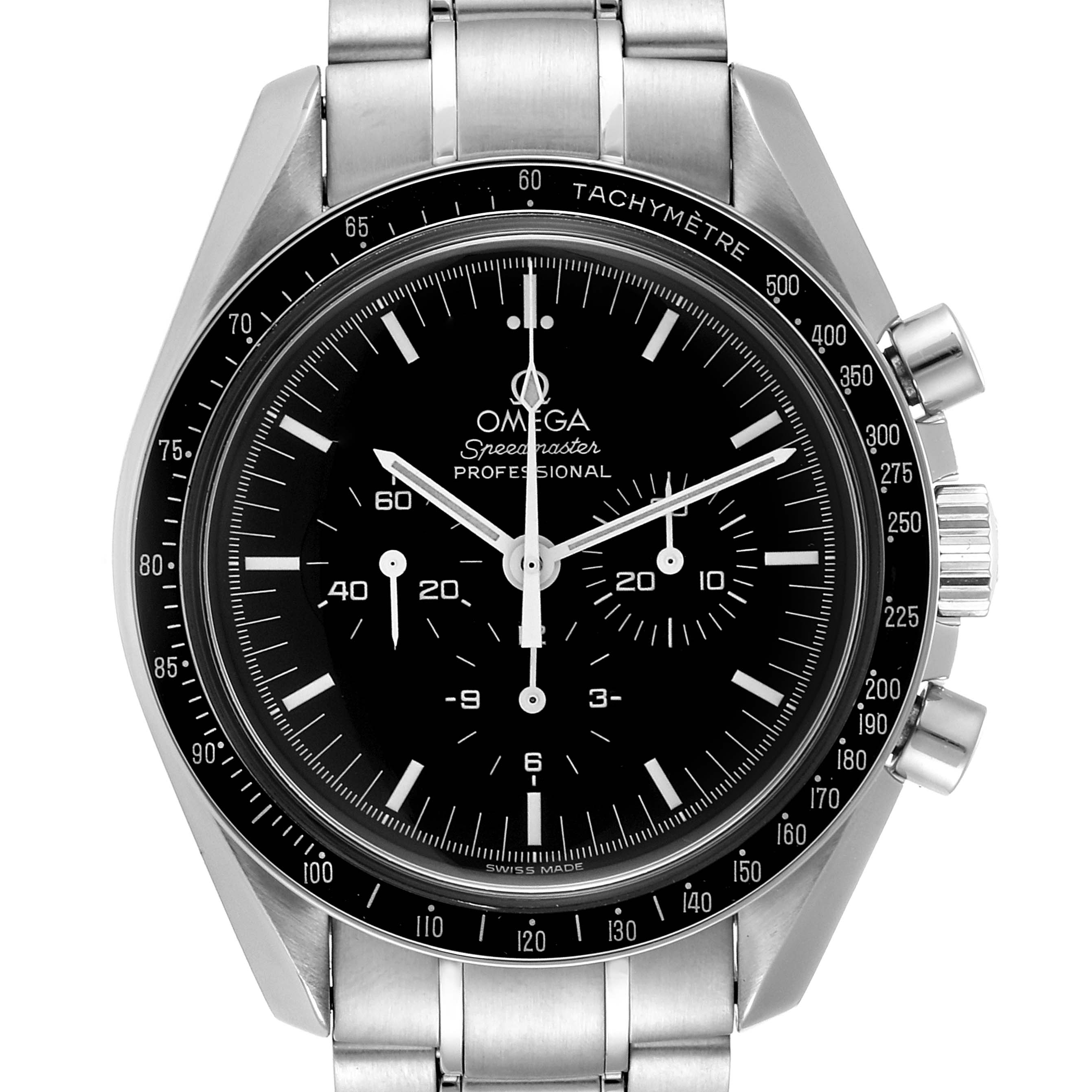 This image shows a front view of the Omega Speedmaster 3572.50.00 Men
s Stainless Steel Black Dial 3572.50.00 Men
s Stainless Steel Black Dial watch, highlighting its black dial, chronograph subdials, and tachymeter bezel.