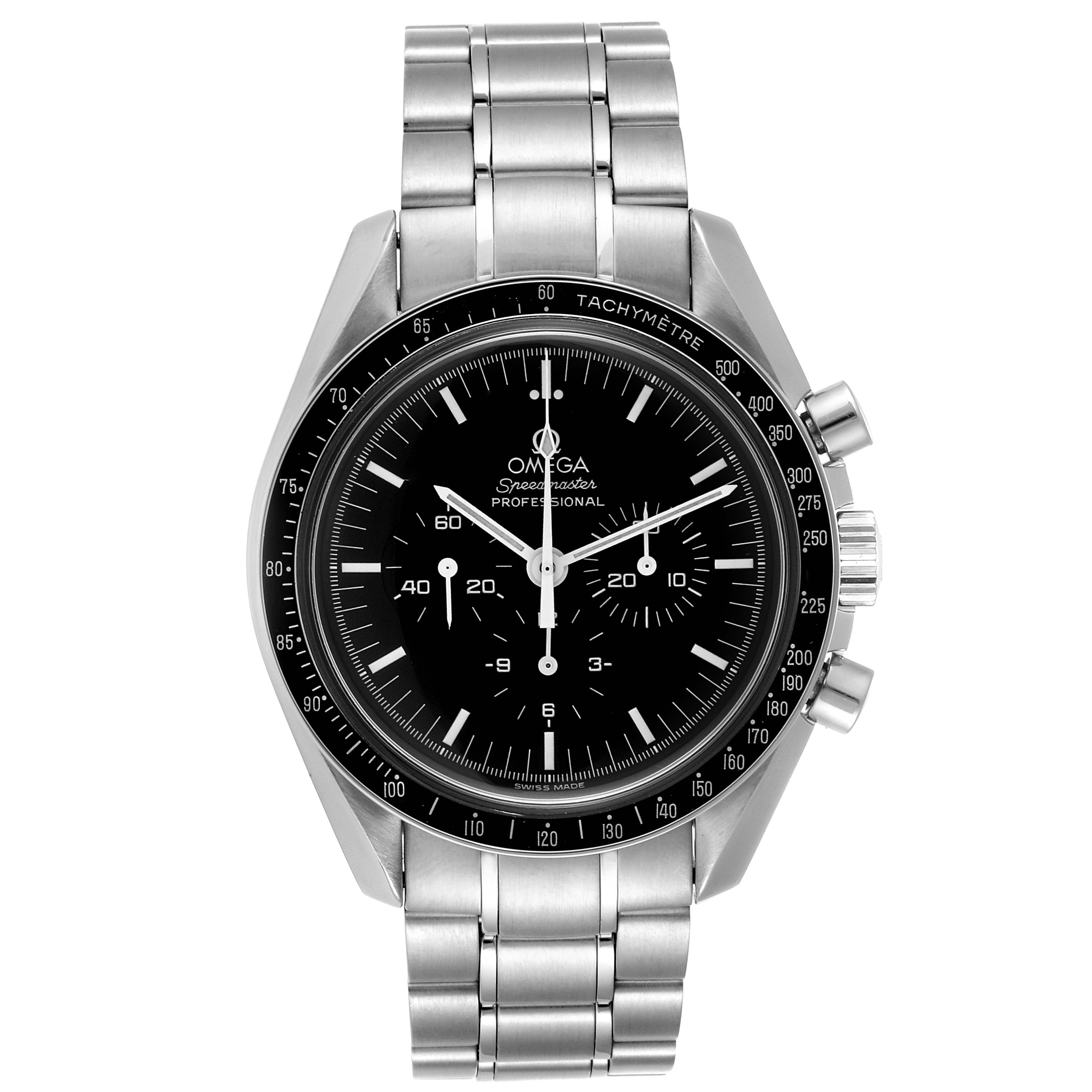 The Omega Speedmaster 3572.50.00 Men
s Stainless Steel Black Dial 3572.50.00 Men
s Stainless Steel Black Dial watch is shown from a front angle, displaying the dial, bezel, pushers, and stainless steel bracelet.
