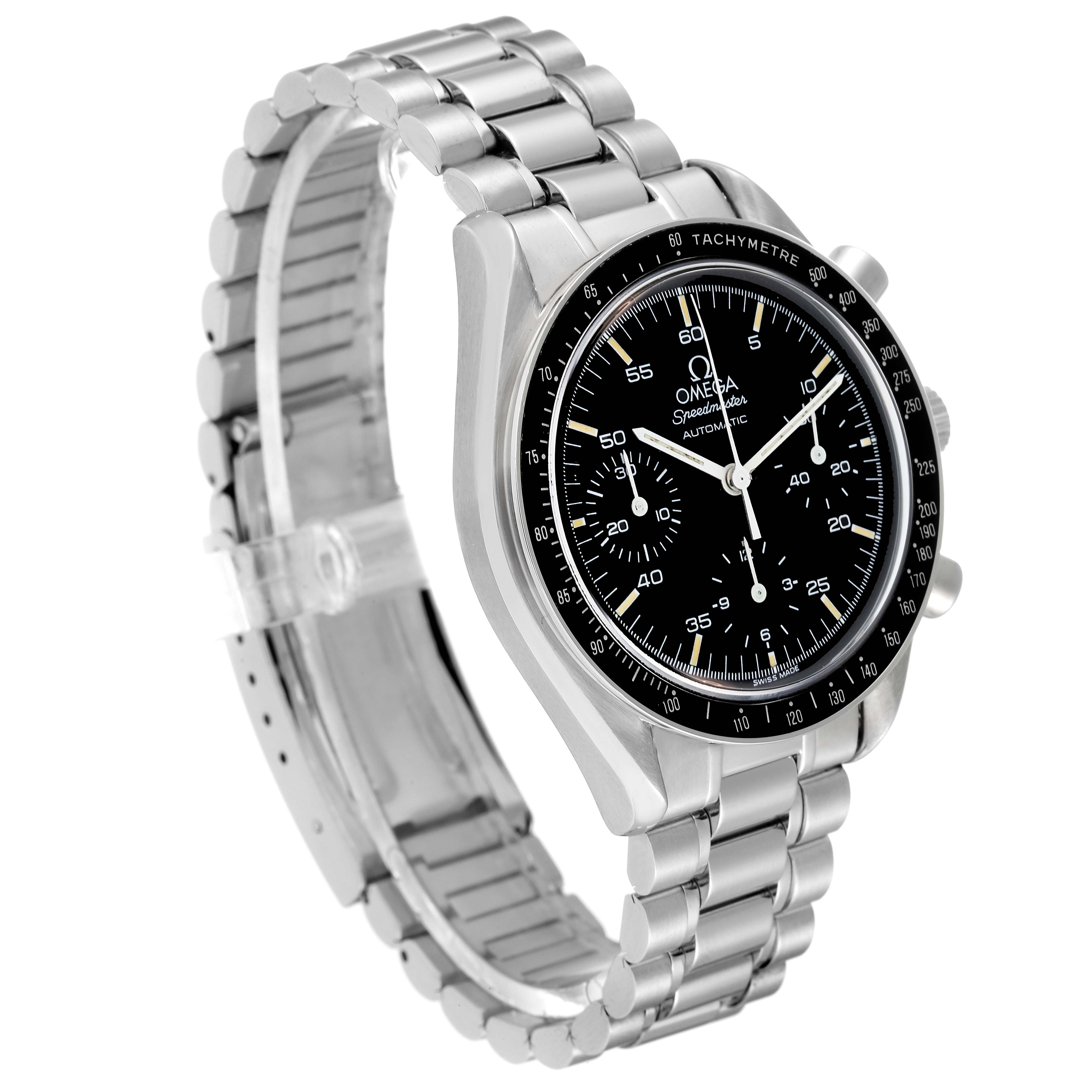 The image shows the front and side view of an Omega Speedmaster 3510.50.00 Men
s Stainless Steel Black Dial 3510.50.00 Men
s Stainless Steel Black Dial watch, highlighting its dial, bezel, and stainless steel bracelet.