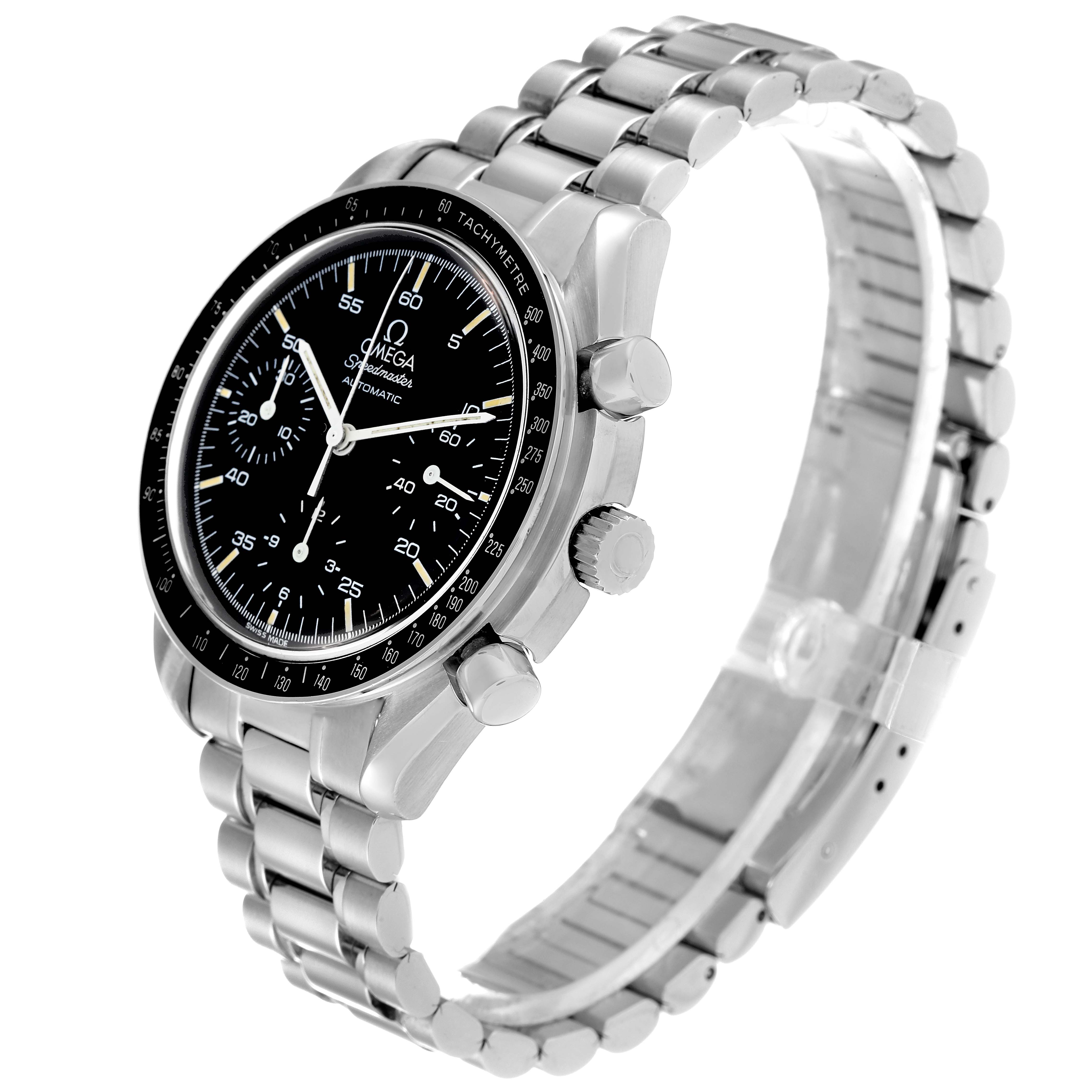 The image shows a side angle of the Omega Speedmaster 3510.50.00 Men
s Stainless Steel Black Dial 3510.50.00 Men
s Stainless Steel Black Dial watch, highlighting its face, bezel, crown, pushers, and metal bracelet.